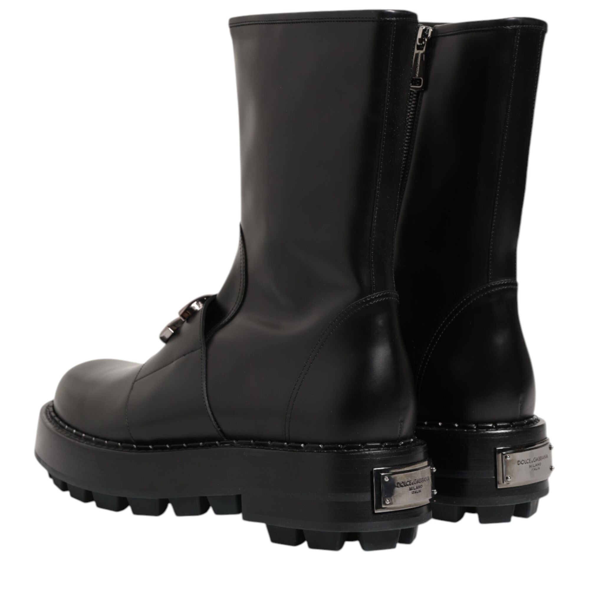 Dolce & Gabbana Black Logo Plaque Mid Calf Biker Boots Shoes