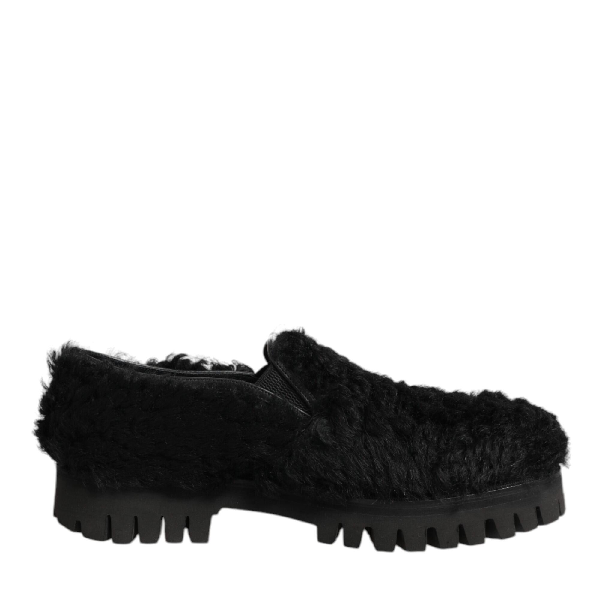 Dolce & Gabbana Dress Black Fur Leather Slippers Men Shoes