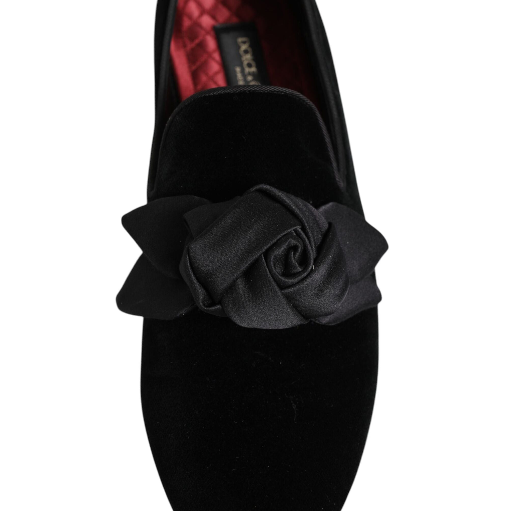 Dolce & Gabbana Black Suede Cotton Rose Slip On Loafers Shoes