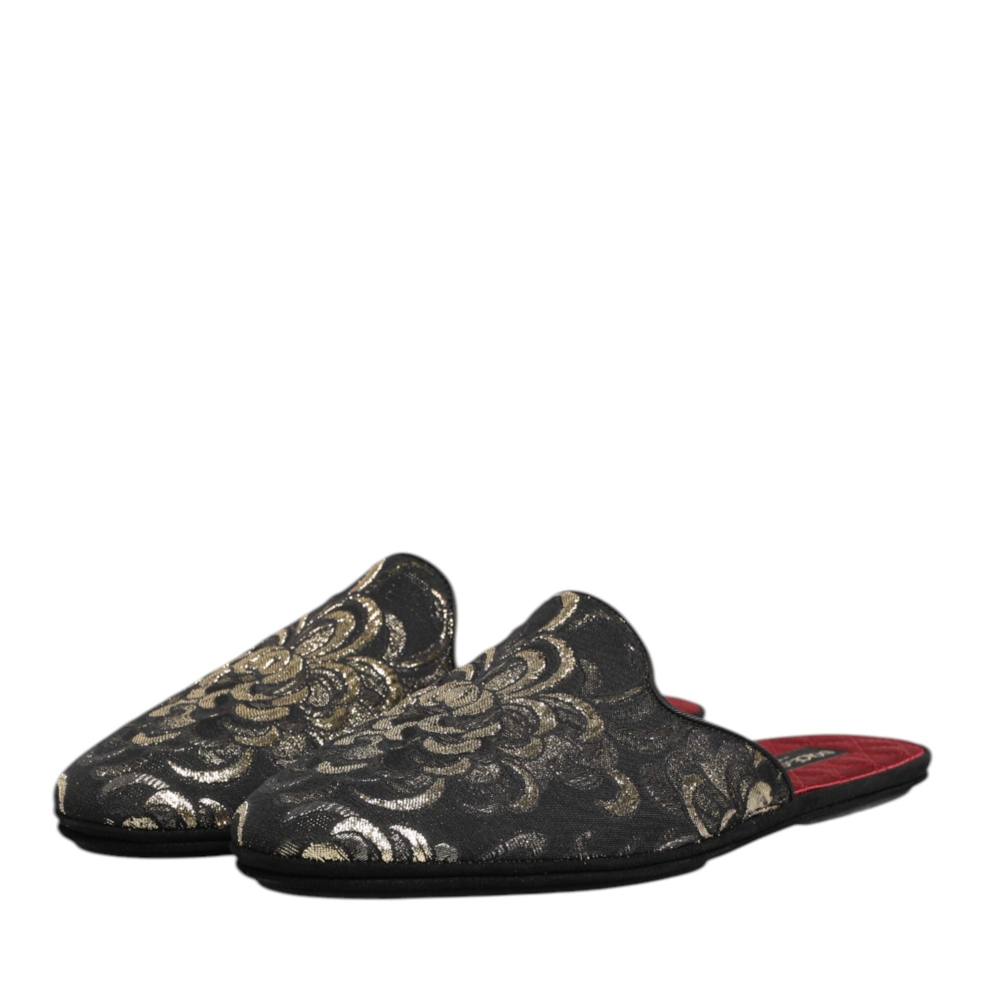 Dolce & Gabbana Black Floral Jacquard Slides Slippers Shoes