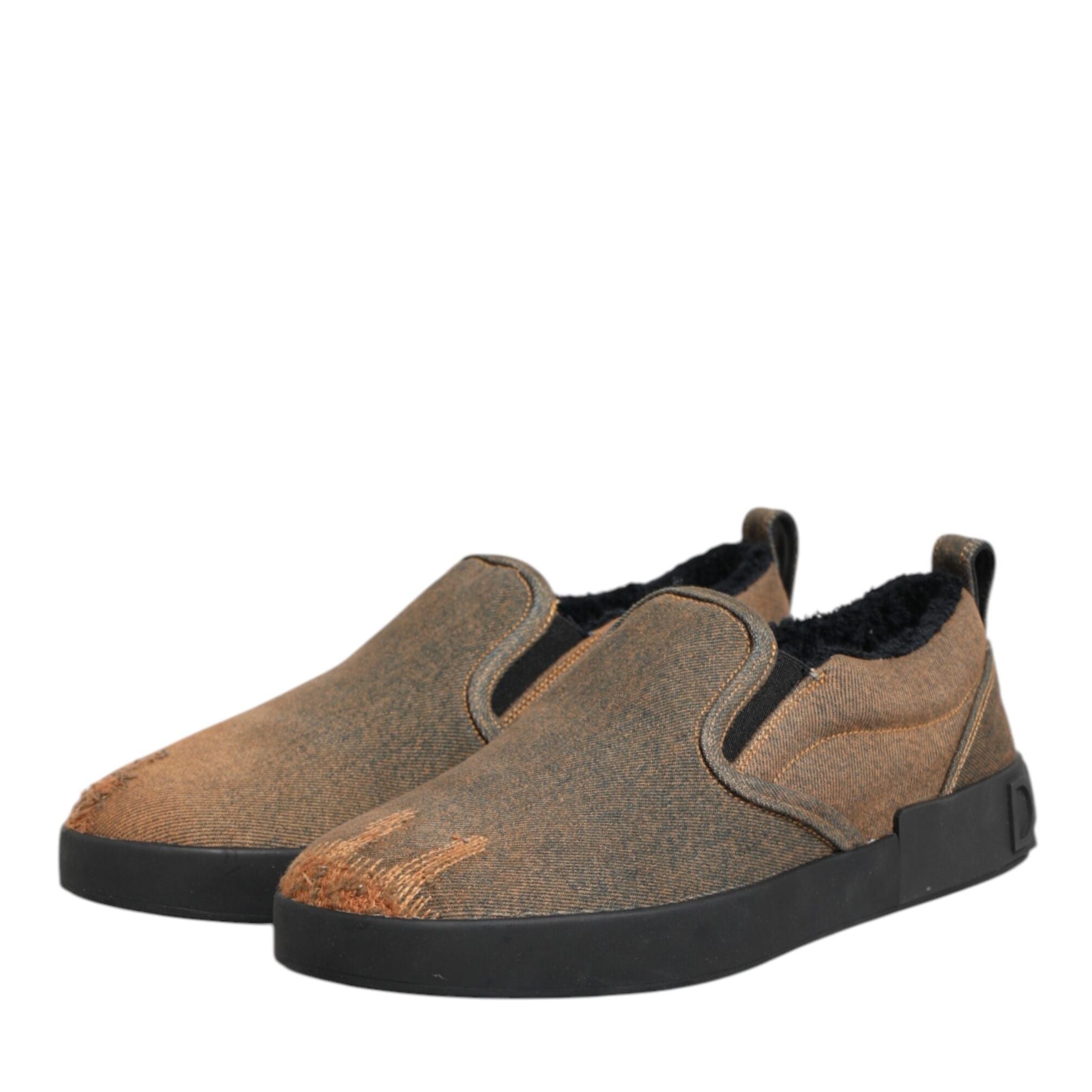 Dolce & Gabbana Brown Cotton Low Top Slip On Sneakers Shoes