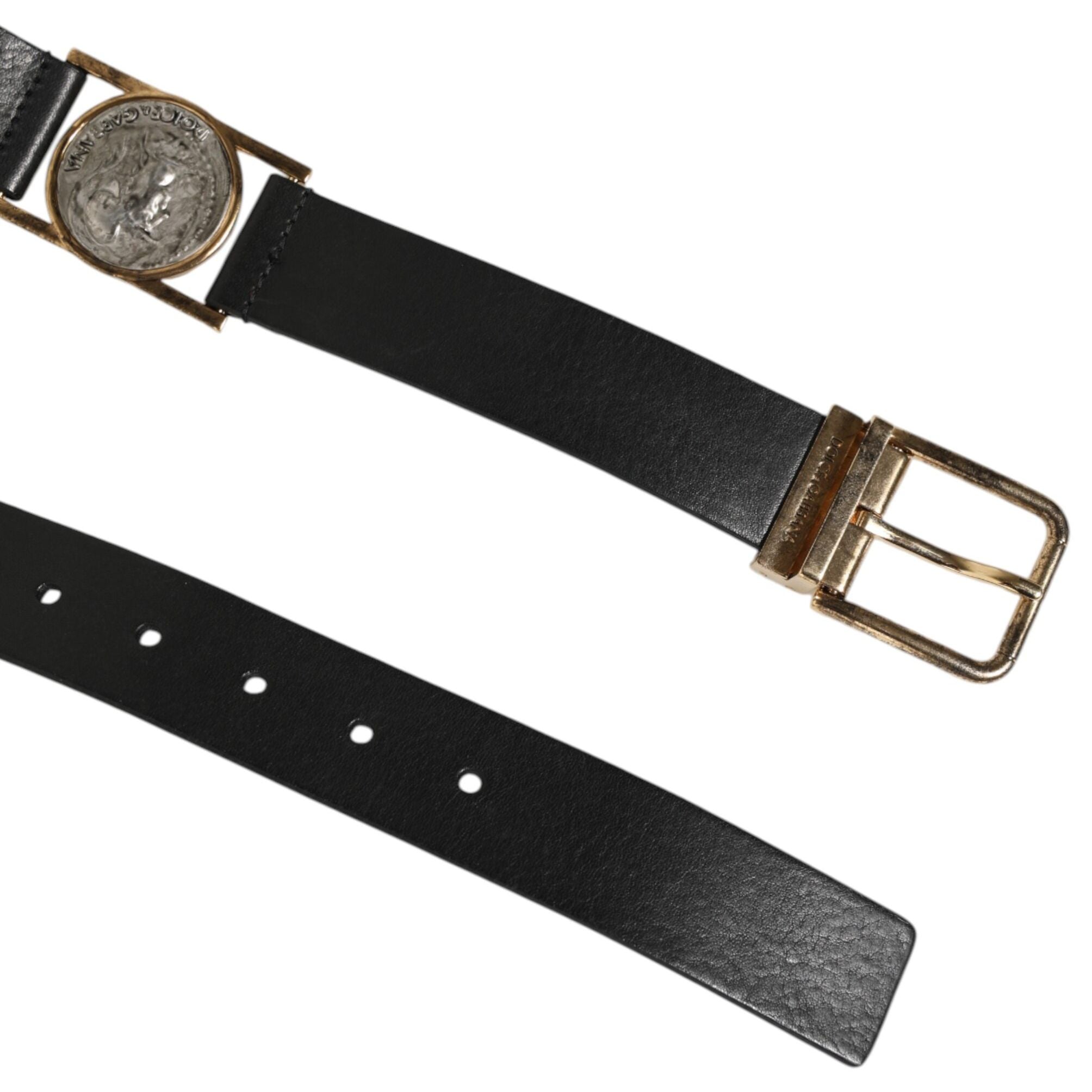 Dolce & Gabbana Black Leather Gold Silver Coin Buckle Belt