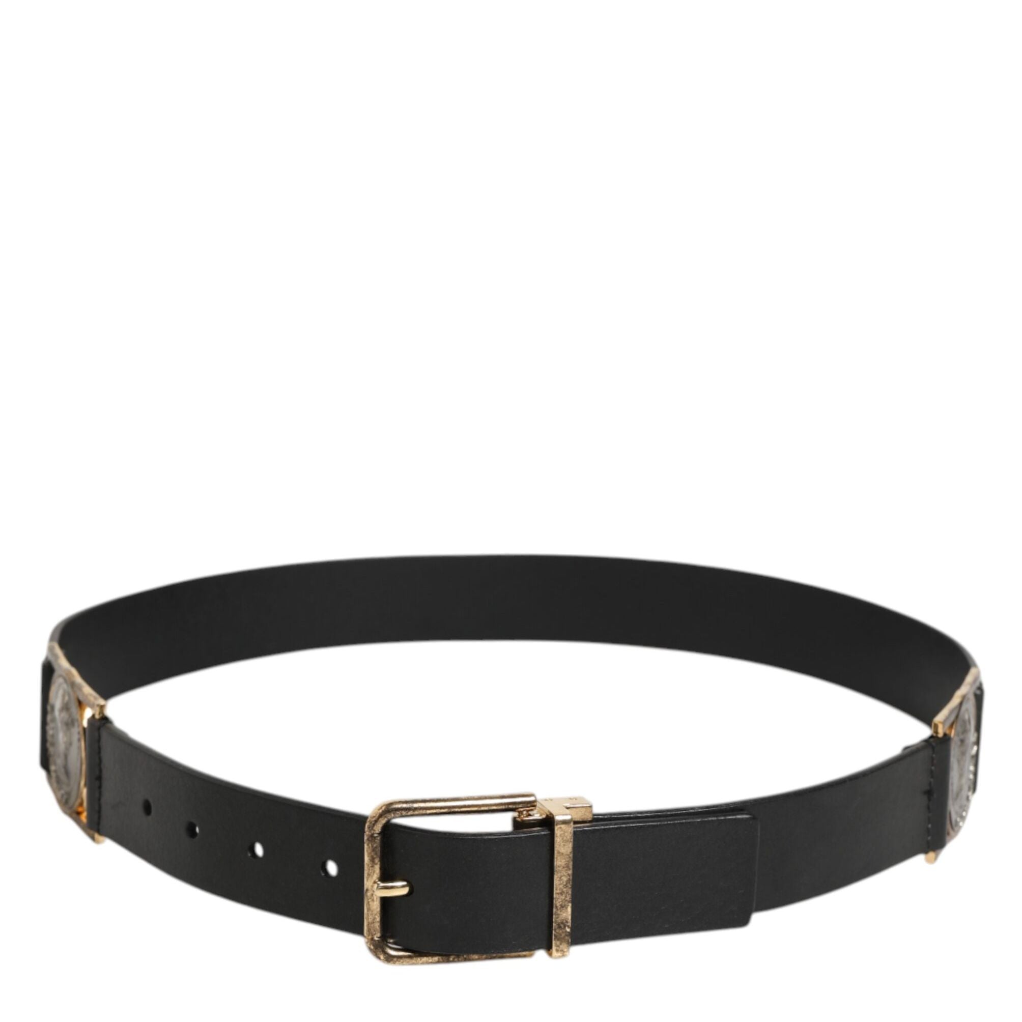 Dolce & Gabbana Black Leather Gold Silver Coin Buckle Belt