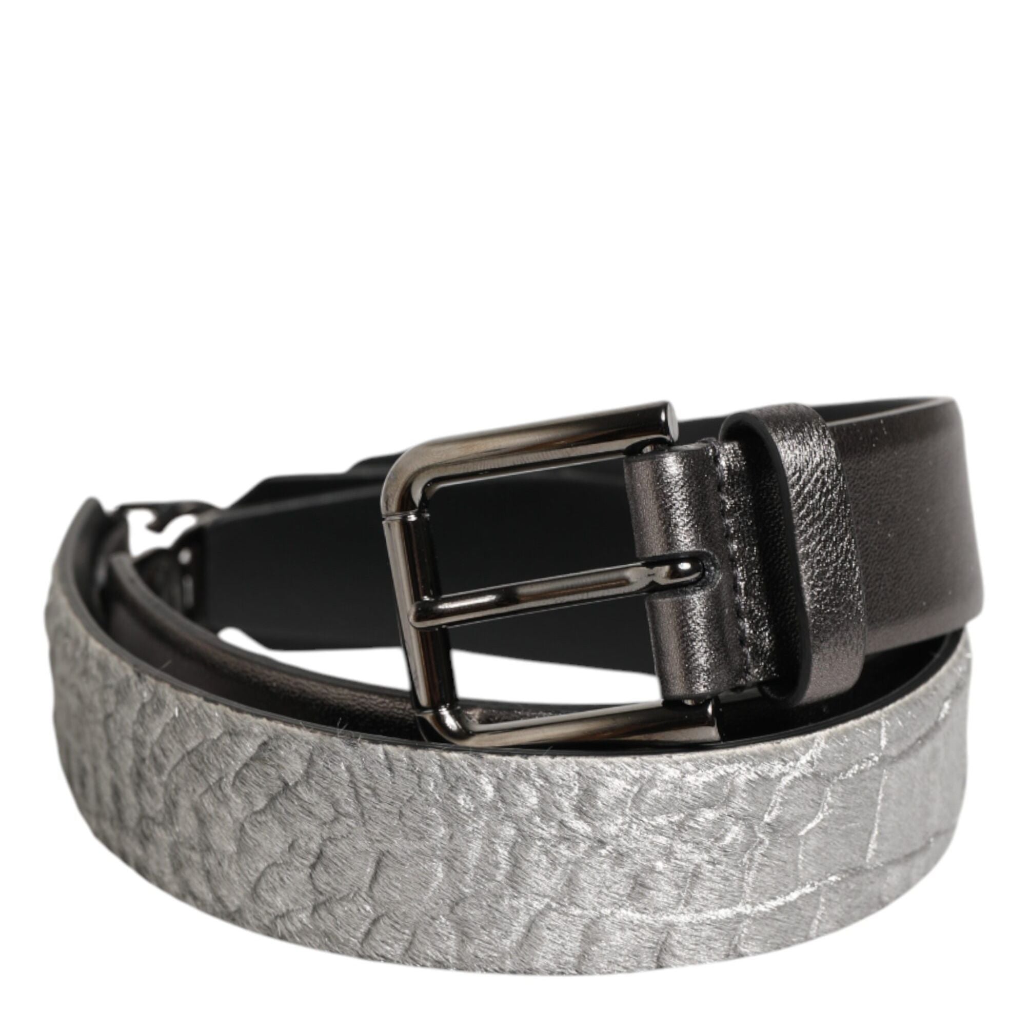 Dolce & Gabbana Black Silver Pebbled Texture Leather Buckle Men Belt