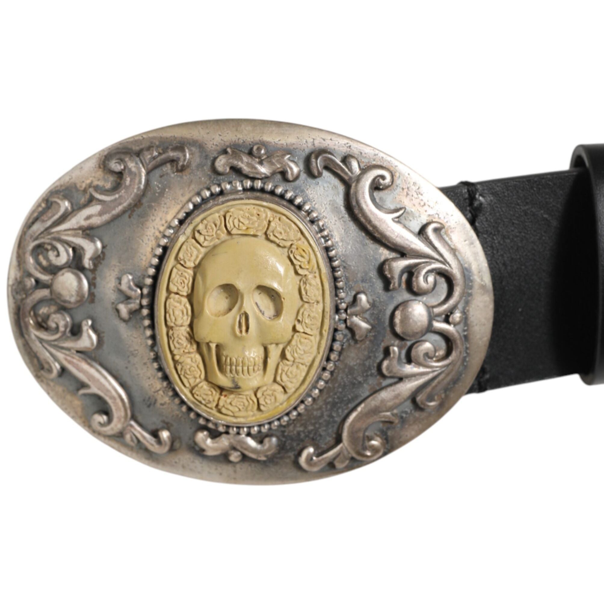 Dolce & Gabbana Black Leather Ornate Metal Buckle Men Belt