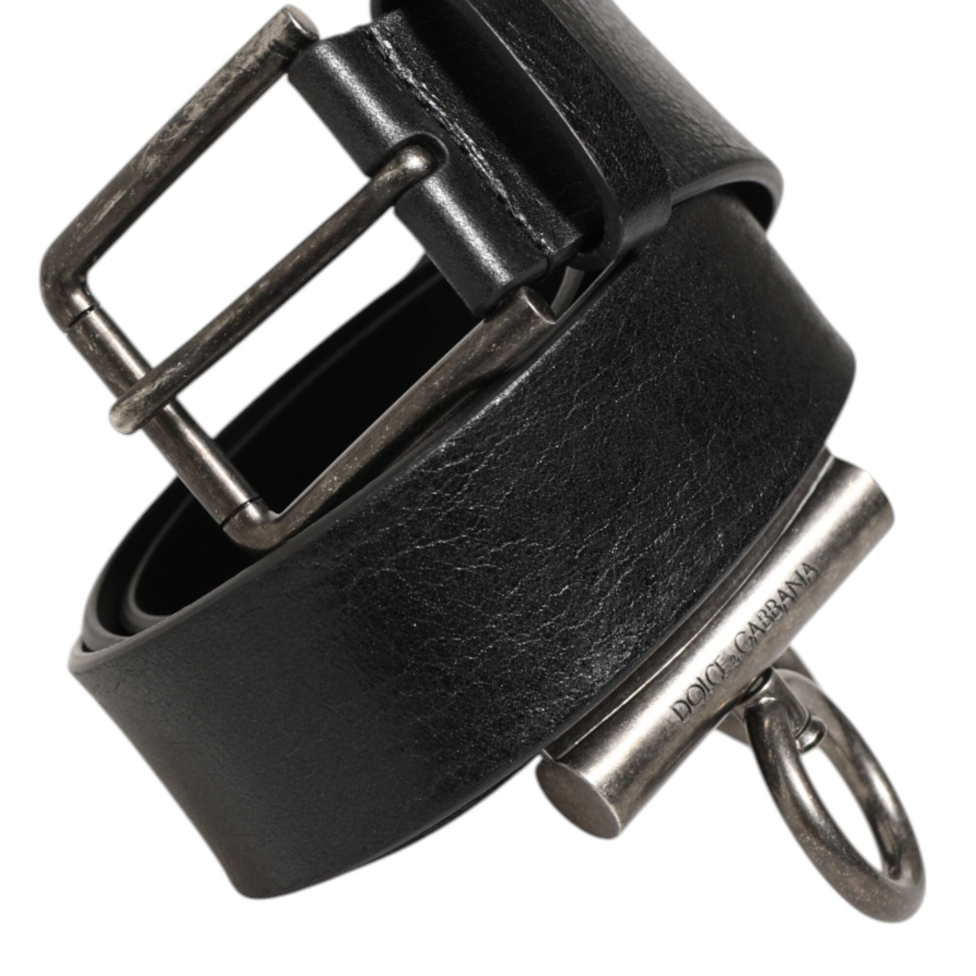 Dolce & Gabbana Black Leather Side Rings Brass Buckle Belt