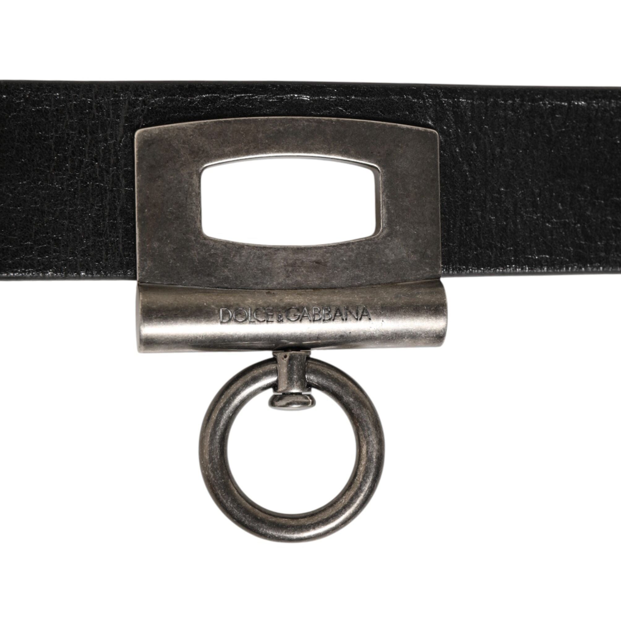 Dolce & Gabbana Black Leather Side Rings Brass Buckle Belt