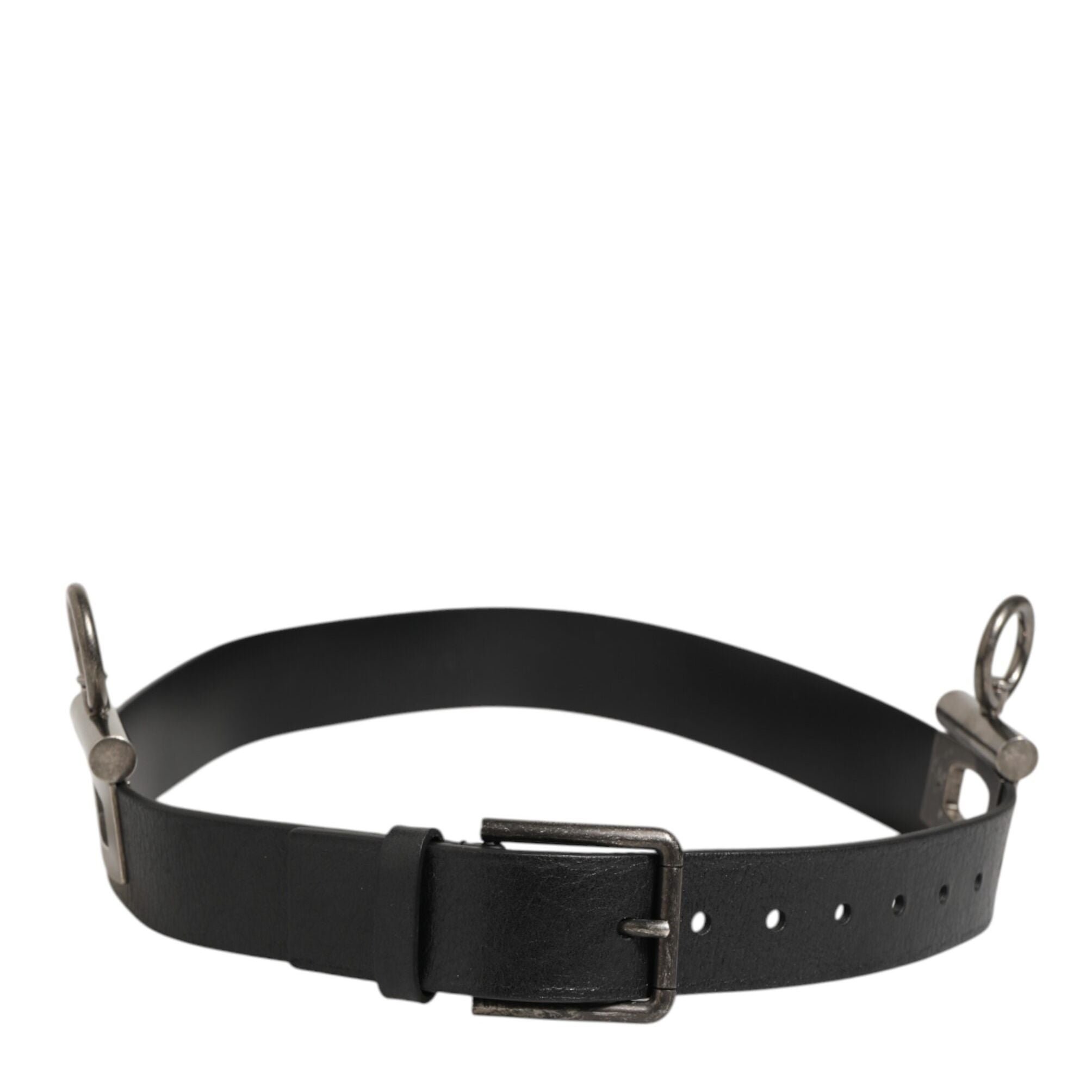 Dolce & Gabbana Black Leather Side Rings Brass Buckle Belt