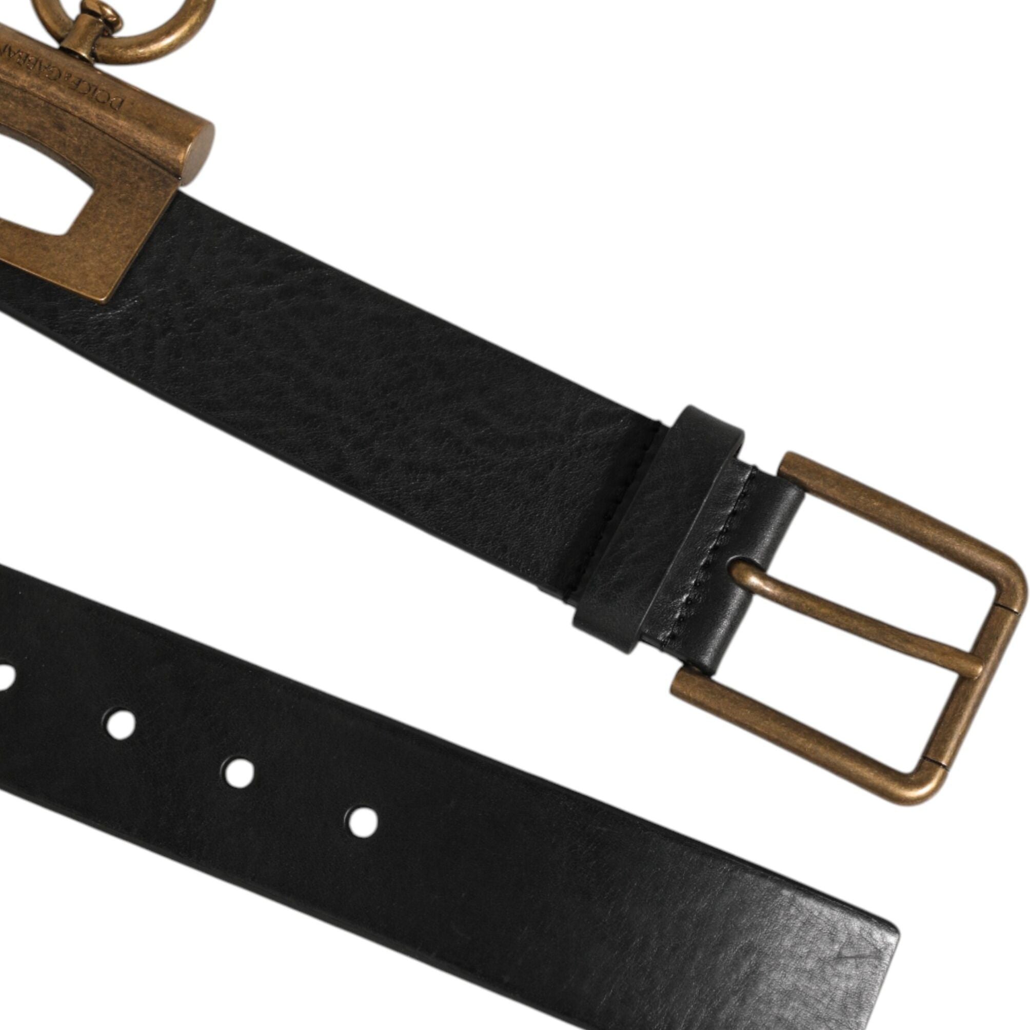 Dolce & Gabbana Black Leather Side Rings Brass Buckle Belt
