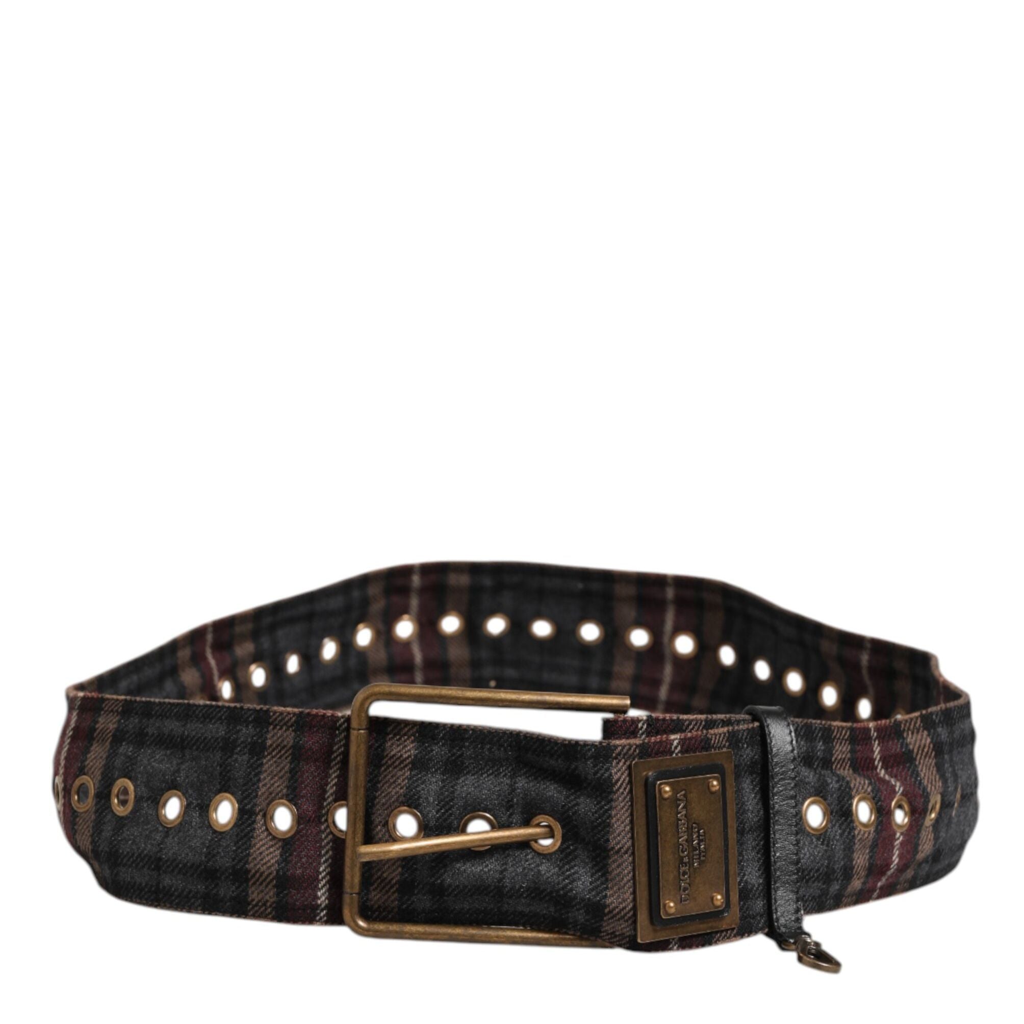 Dolce & Gabbana Plaid Fabric Logo Plate Brass Buckle Belt