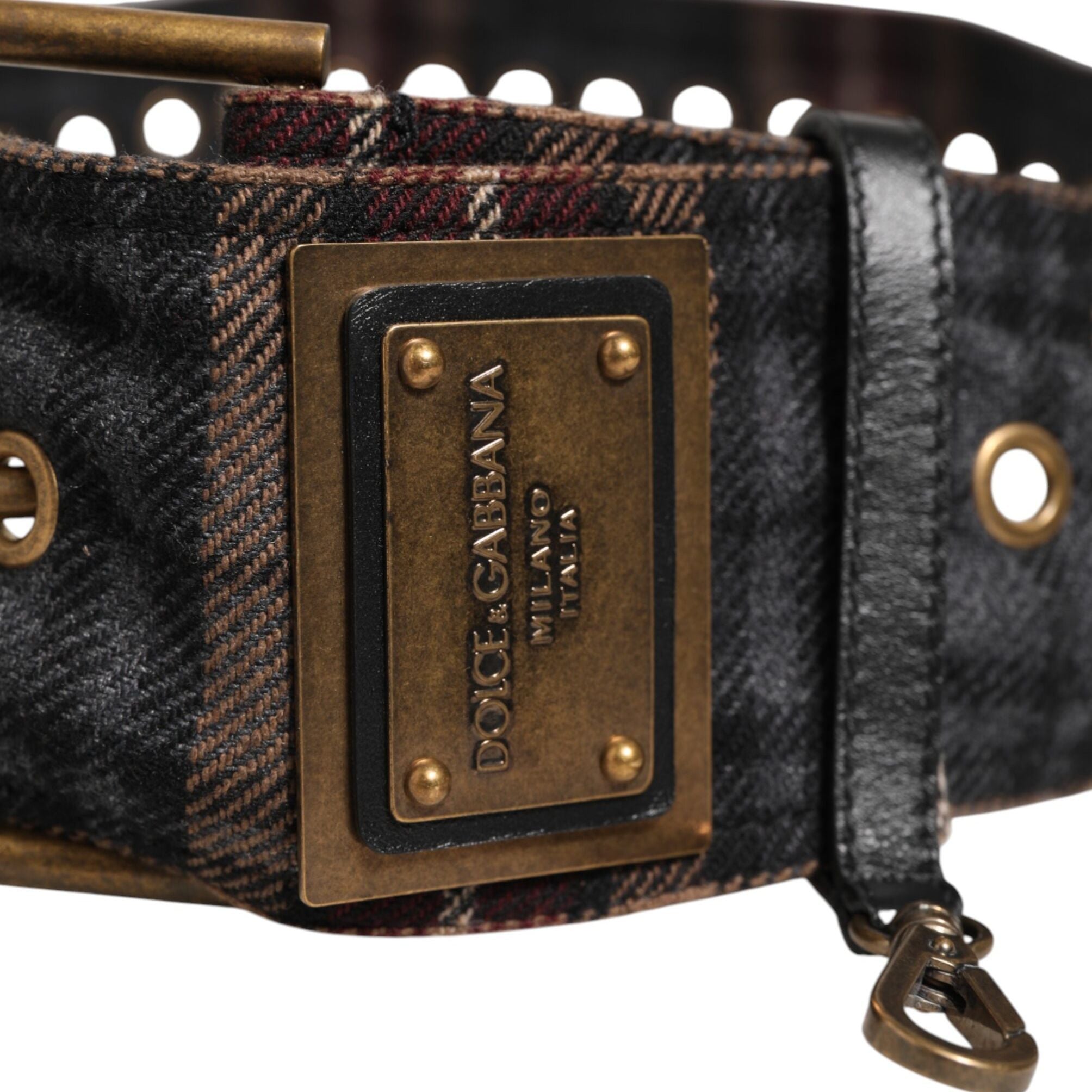 Dolce & Gabbana Plaid Fabric Logo Plate Brass Buckle Belt