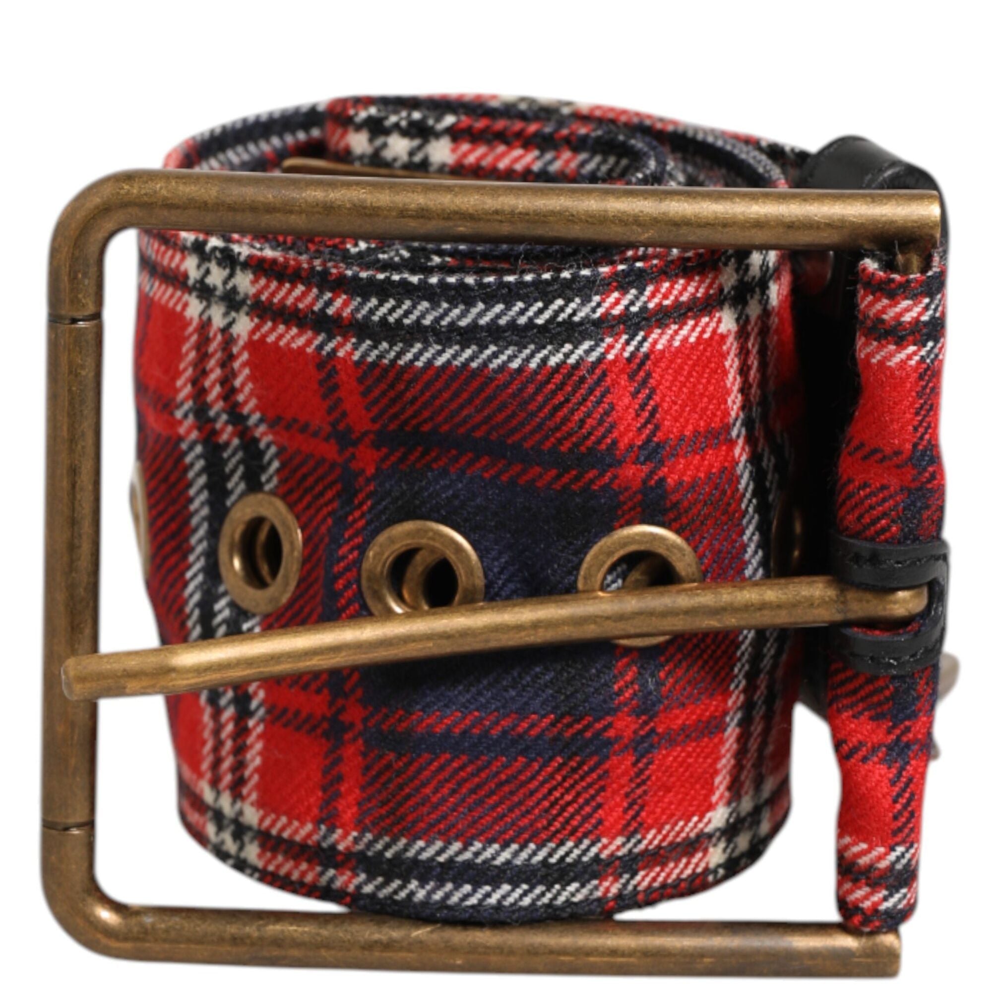 Dolce & Gabbana Red Plaid Fabric Logo Plate Brass Buckle Belt