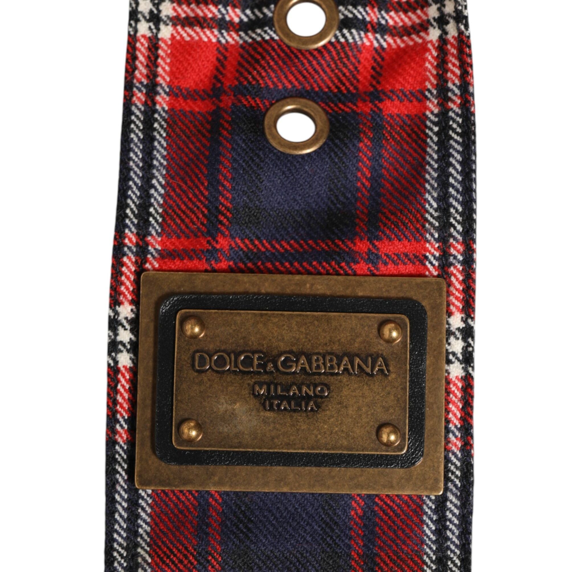 Dolce & Gabbana Red Plaid Fabric Logo Plate Brass Buckle Belt