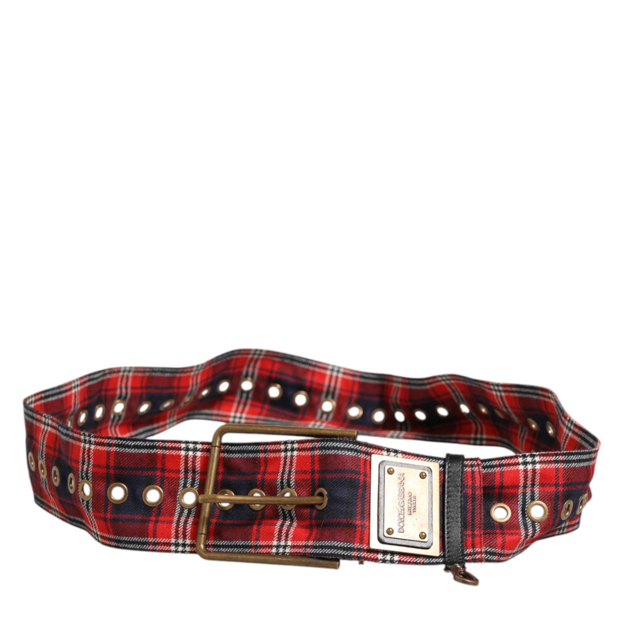 Dolce & Gabbana Red Plaid Fabric Logo Plate Brass Buckle Belt