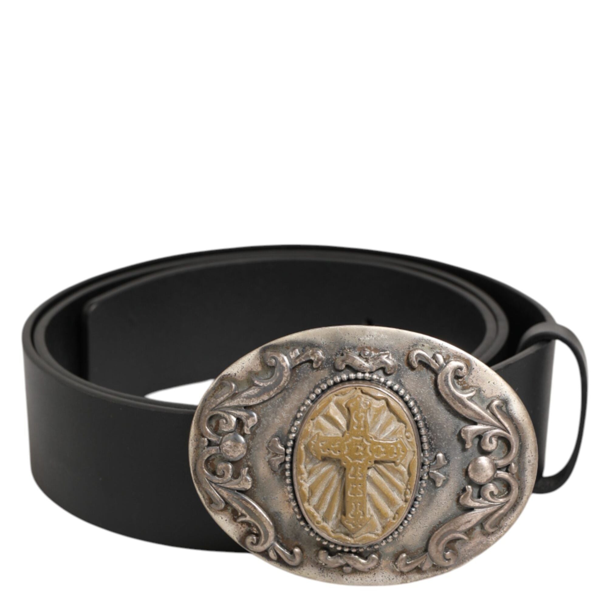 Dolce & Gabbana Black Leather Ornate Metal Buckle Men Belt