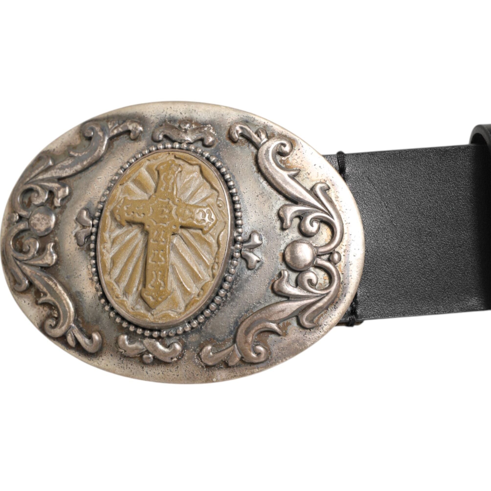 Dolce & Gabbana Black Leather Ornate Metal Buckle Men Belt