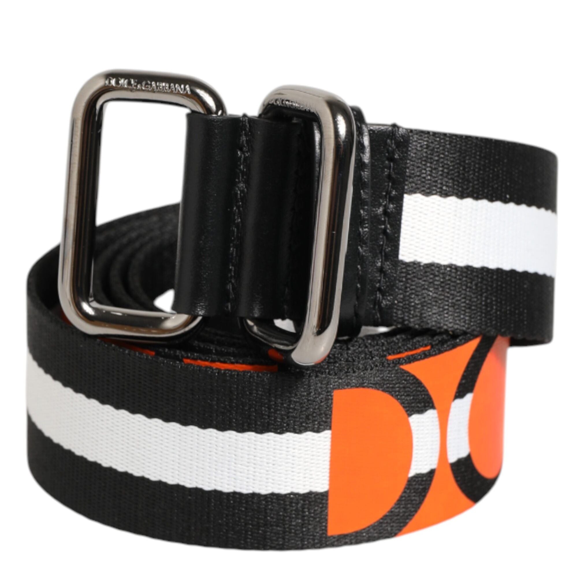 Dolce & Gabbana Black White Striped Logo Metal Buckle Belt