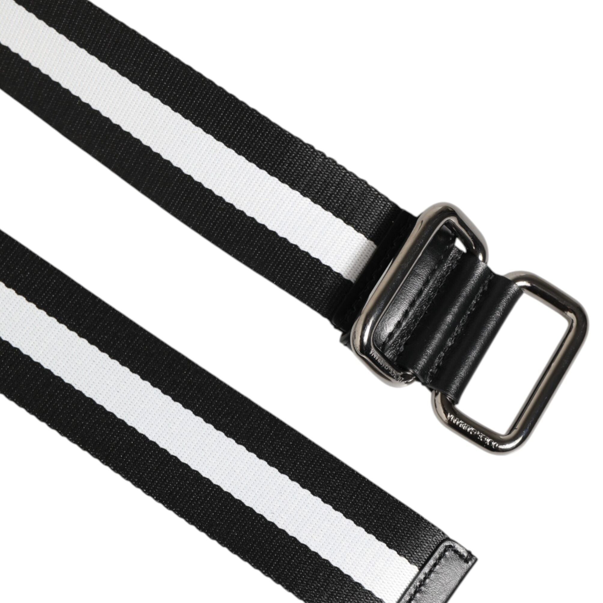 Dolce & Gabbana Black White Striped Logo Metal Buckle Belt
