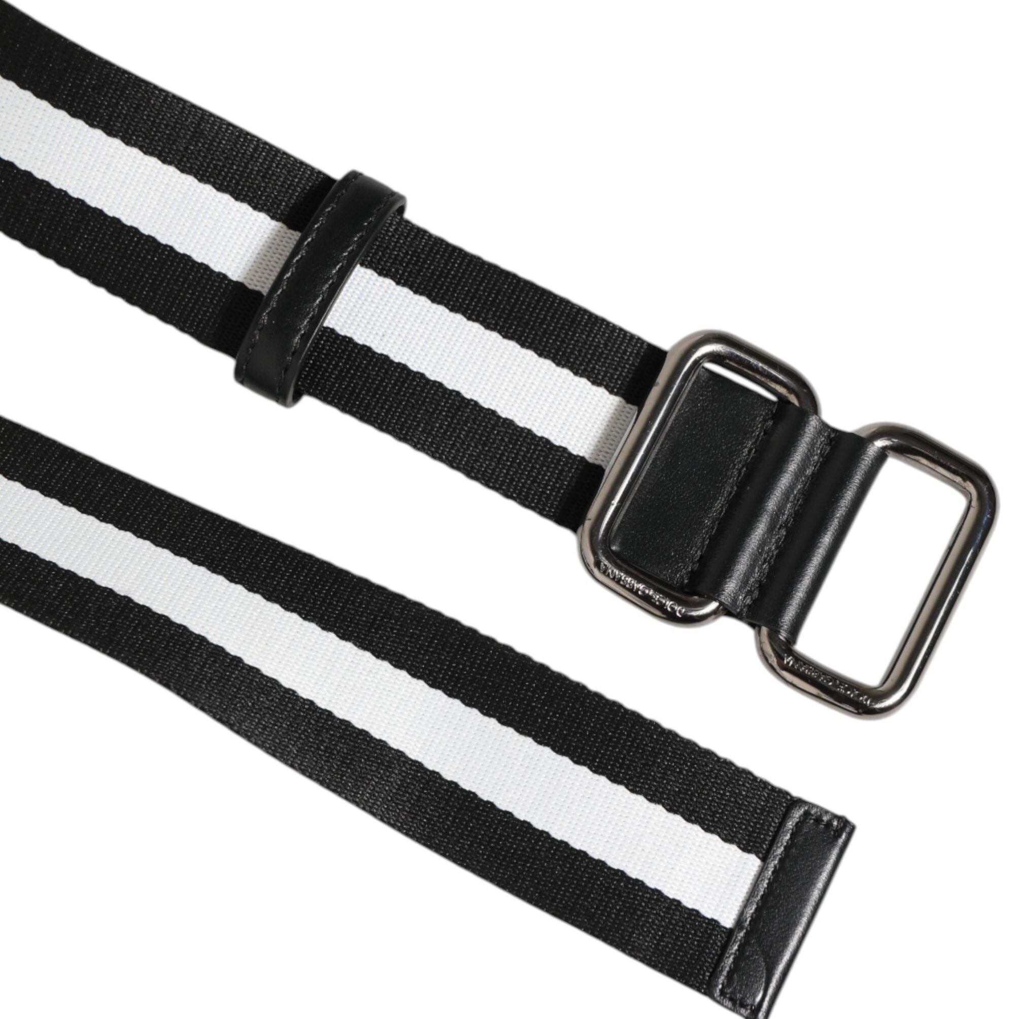 Dolce & Gabbana Black White Striped Logo Metal Buckle Belt