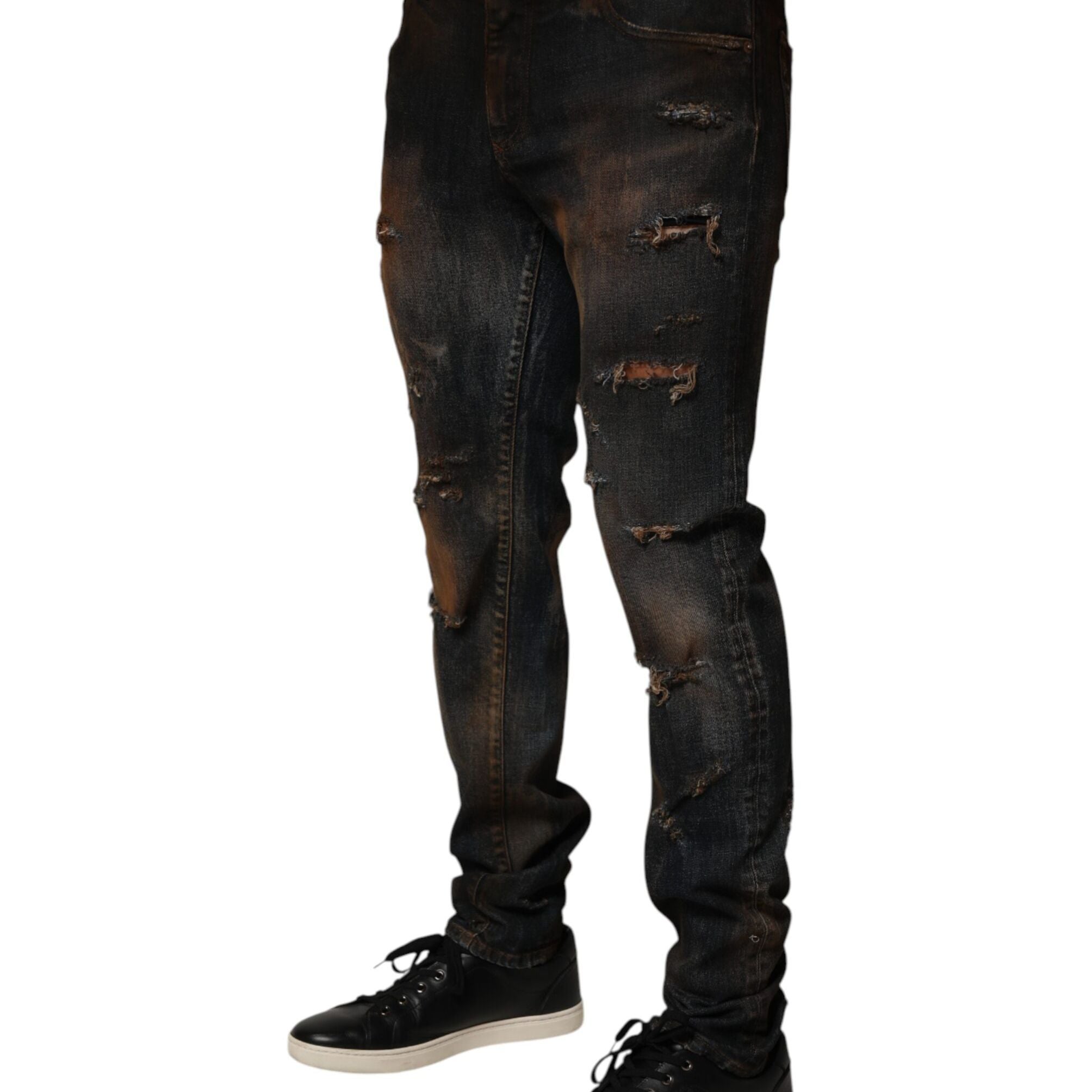 Dolce & Gabbana Black Cotton Skinny Tattered Men Denim Jeans