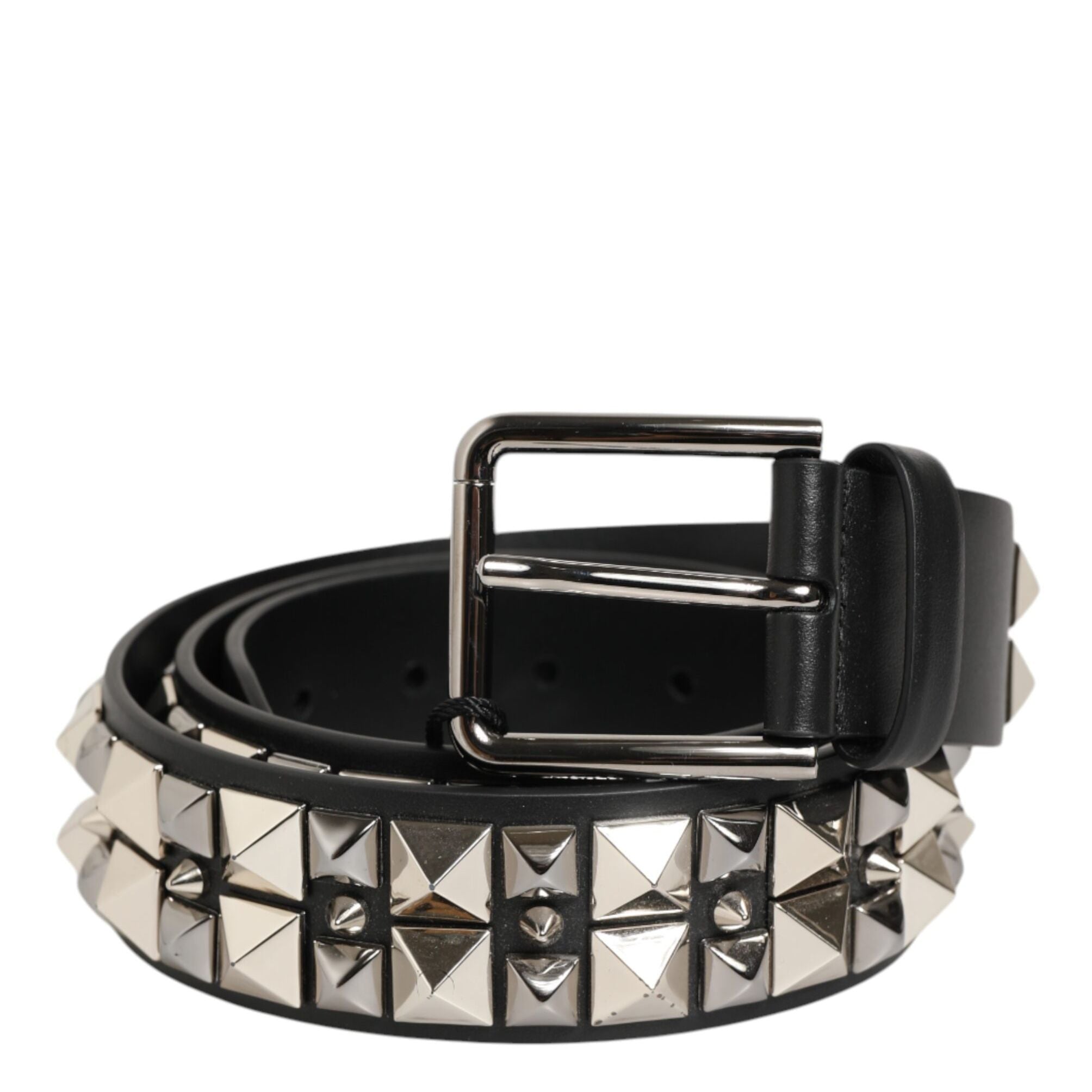 Dolce & Gabbana Black Calf Leather Studded Silver Buckle Belt