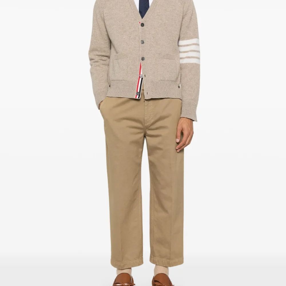 Thom Browne Shetland Wool 4-Bar Relaxed Fit V Neck Cardigan