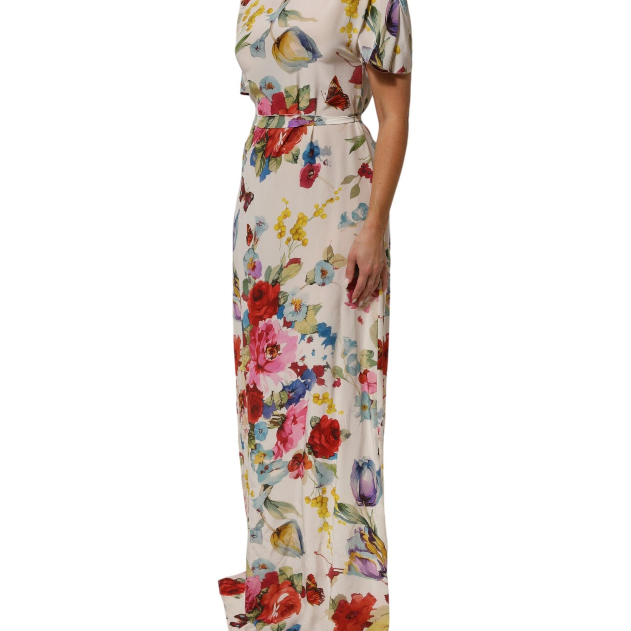 Dolce & Gabbana White Floral Print Silk Sheath LongGown Dress