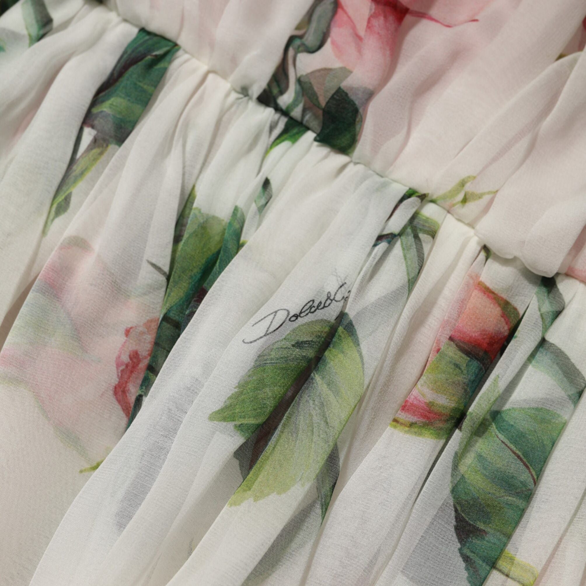 Dolce & Gabbana White Floral Print Silk Pleated Midi Dress