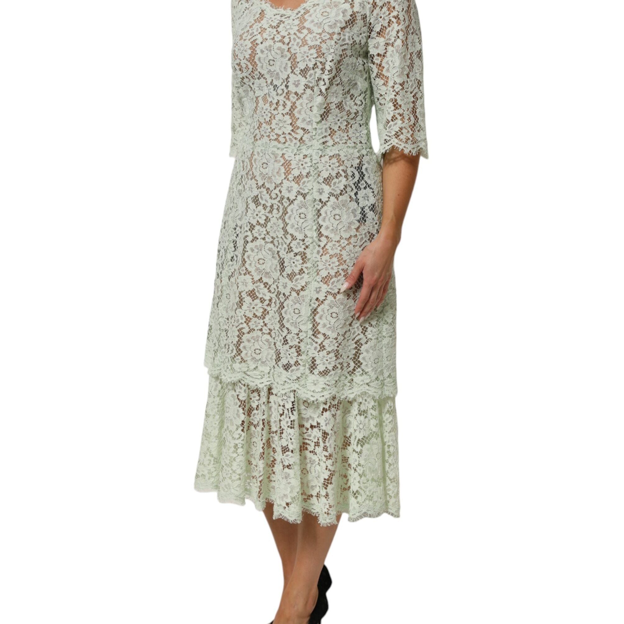 Dolce & Gabbana Mint Green Floral Lace Trim Midi Dress