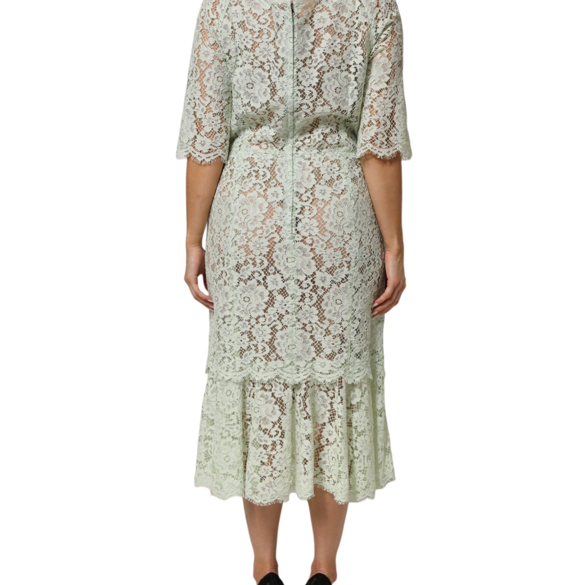 Dolce & Gabbana Mint Green Floral Lace Trim Midi Dress