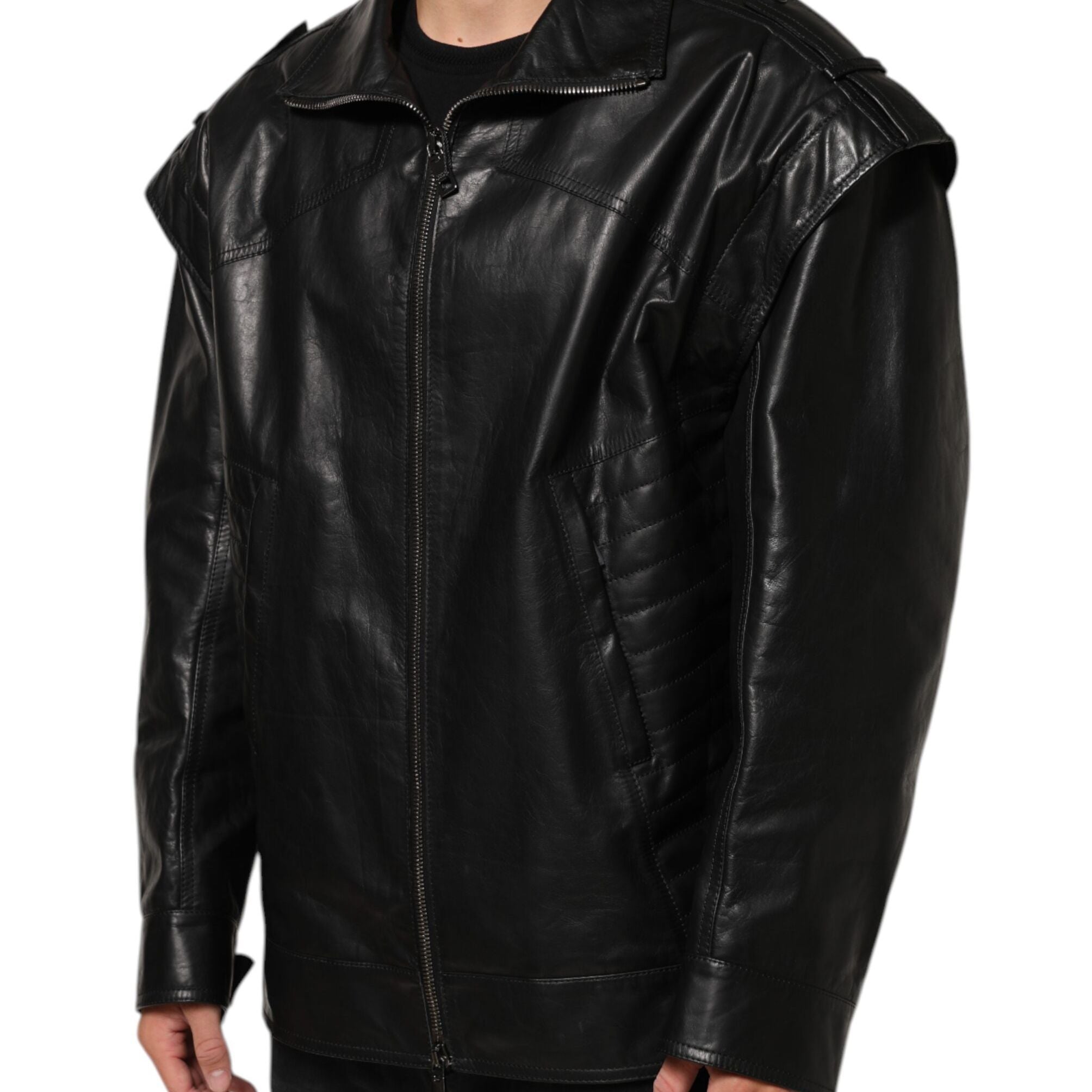 Dolce & Gabbana Black Leather Full Zip Biker Blouson Jacket