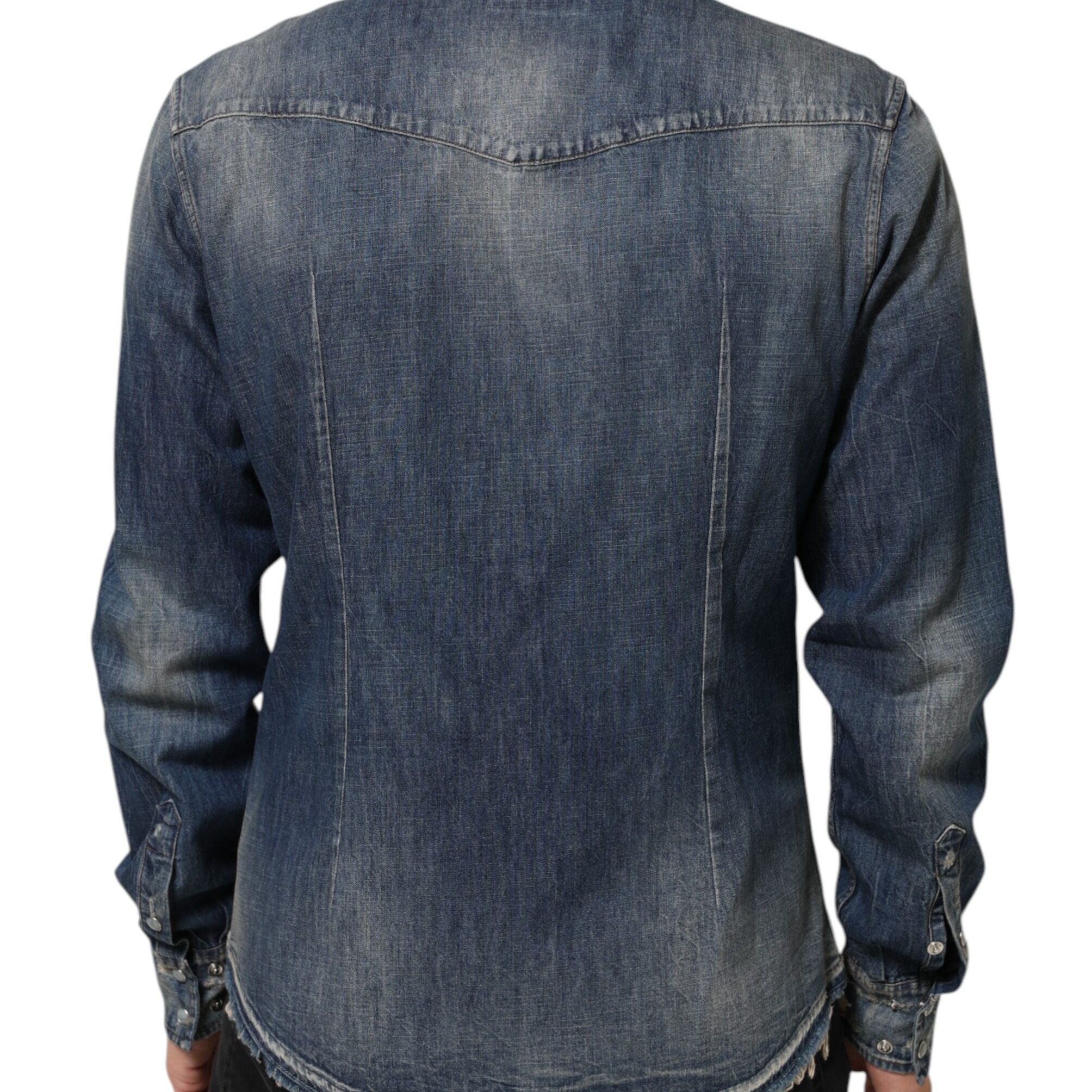 Dolce & Gabbana Blue Angel Patch Denim Buttoned Down Men Shirt