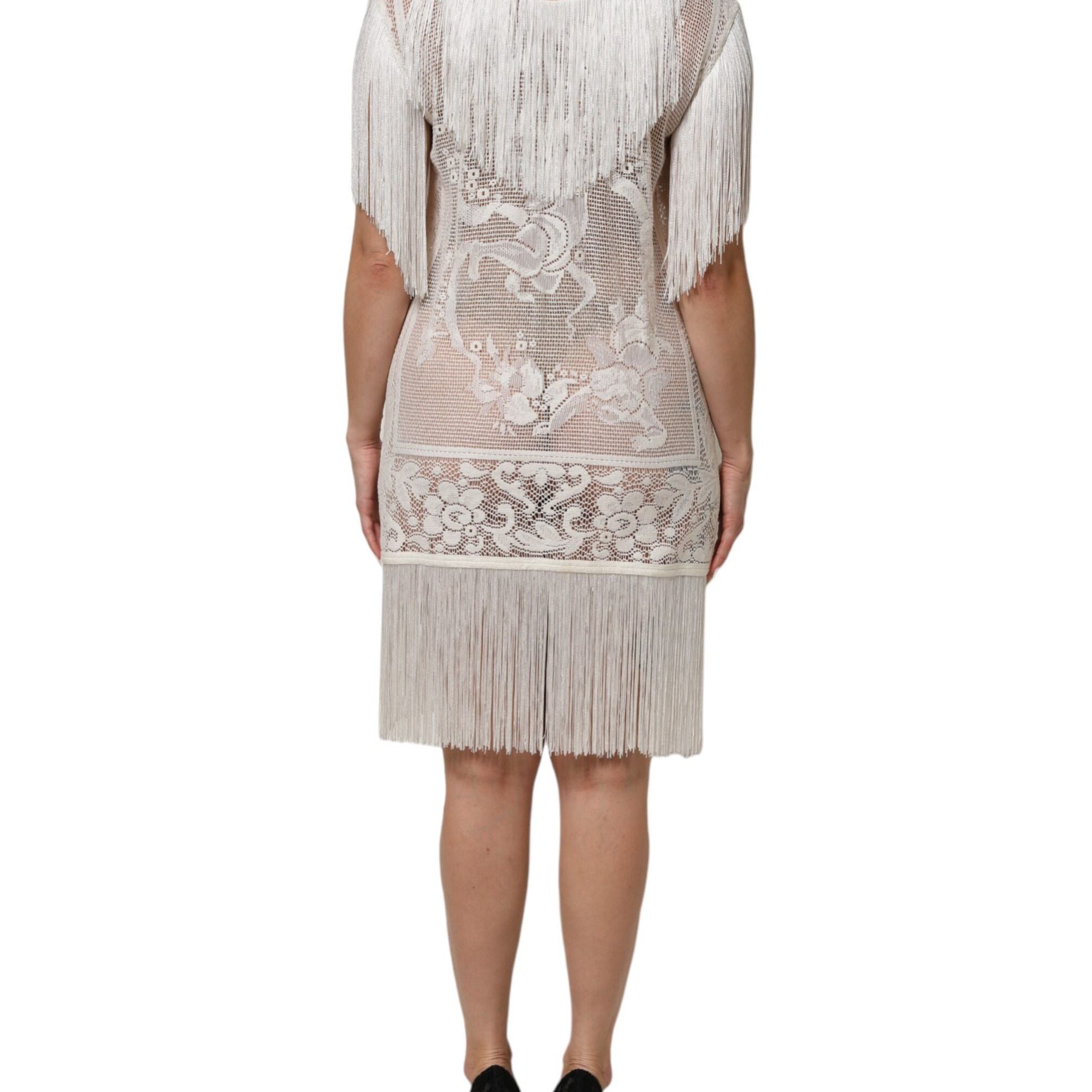 Dolce & Gabbana White Floral Lace Fringe Knee Length Dress
