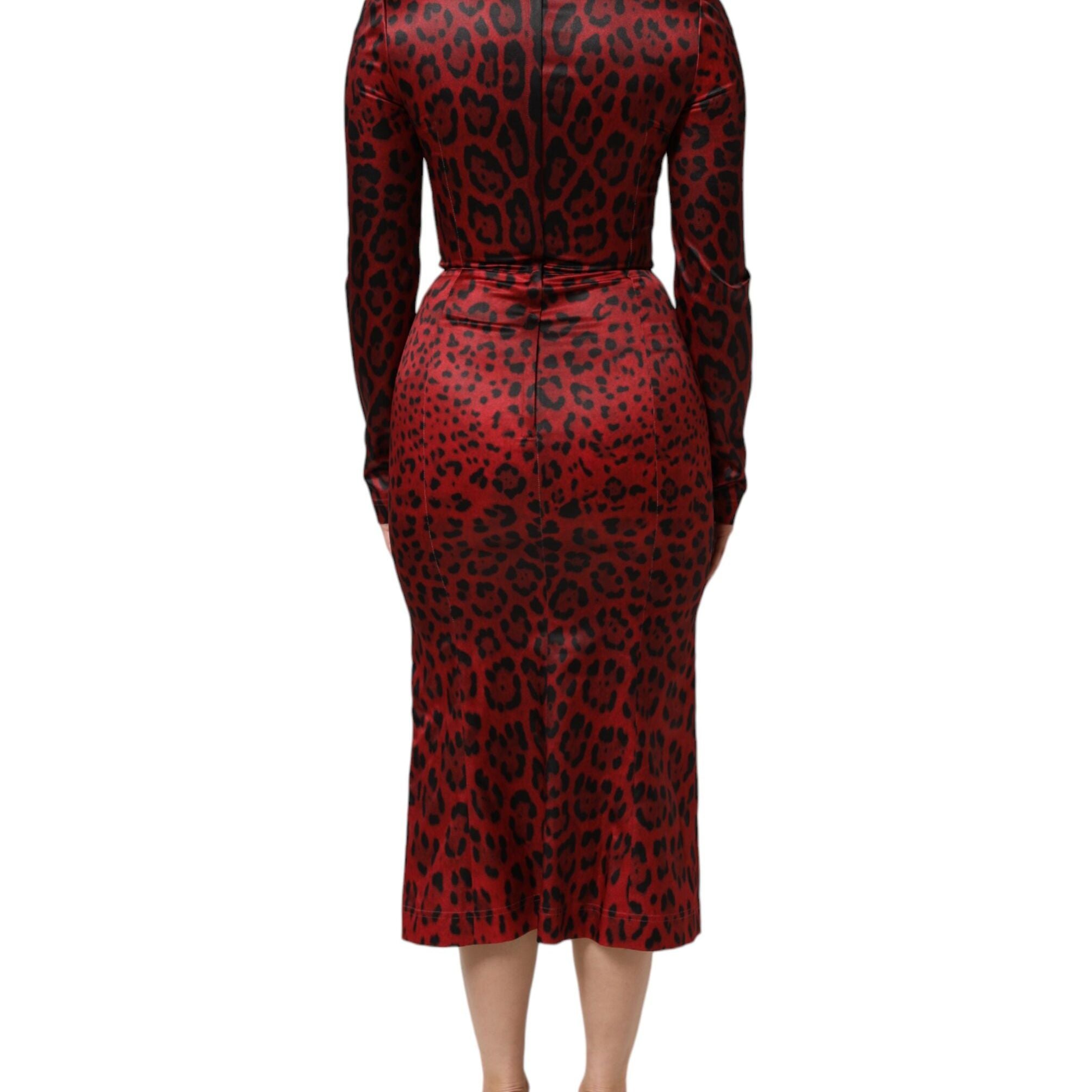Dolce & Gabbana Red Leopard Sheath Long Sleeves Dress