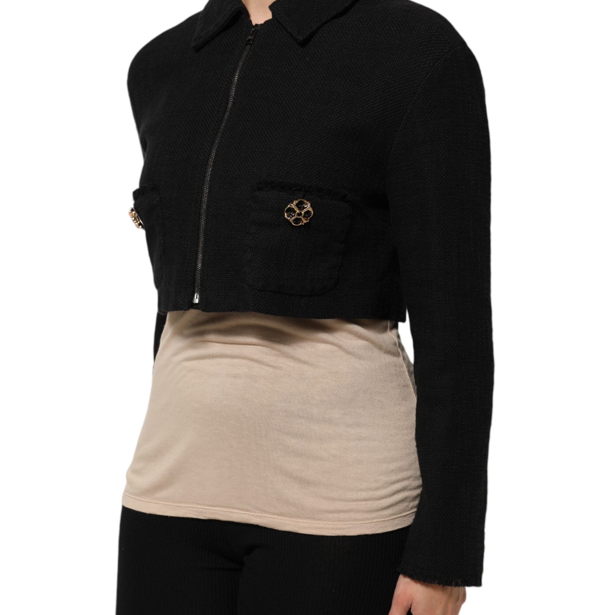 Dolce & Gabbana Black Cotton Full Zip Cropped Coat Jacket