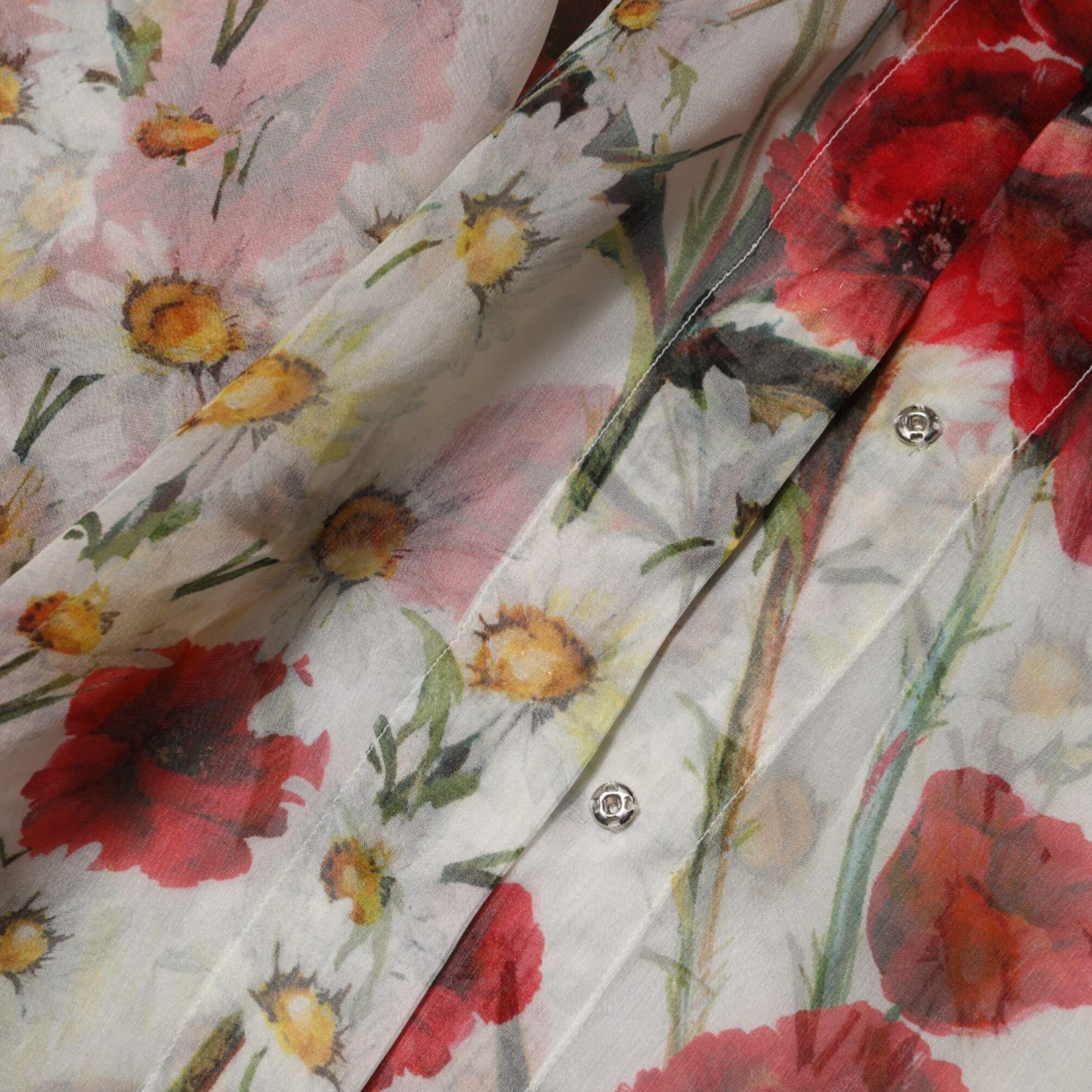 Dolce & Gabbana White Floral Tie-Neck Poppy Print Blouse Top