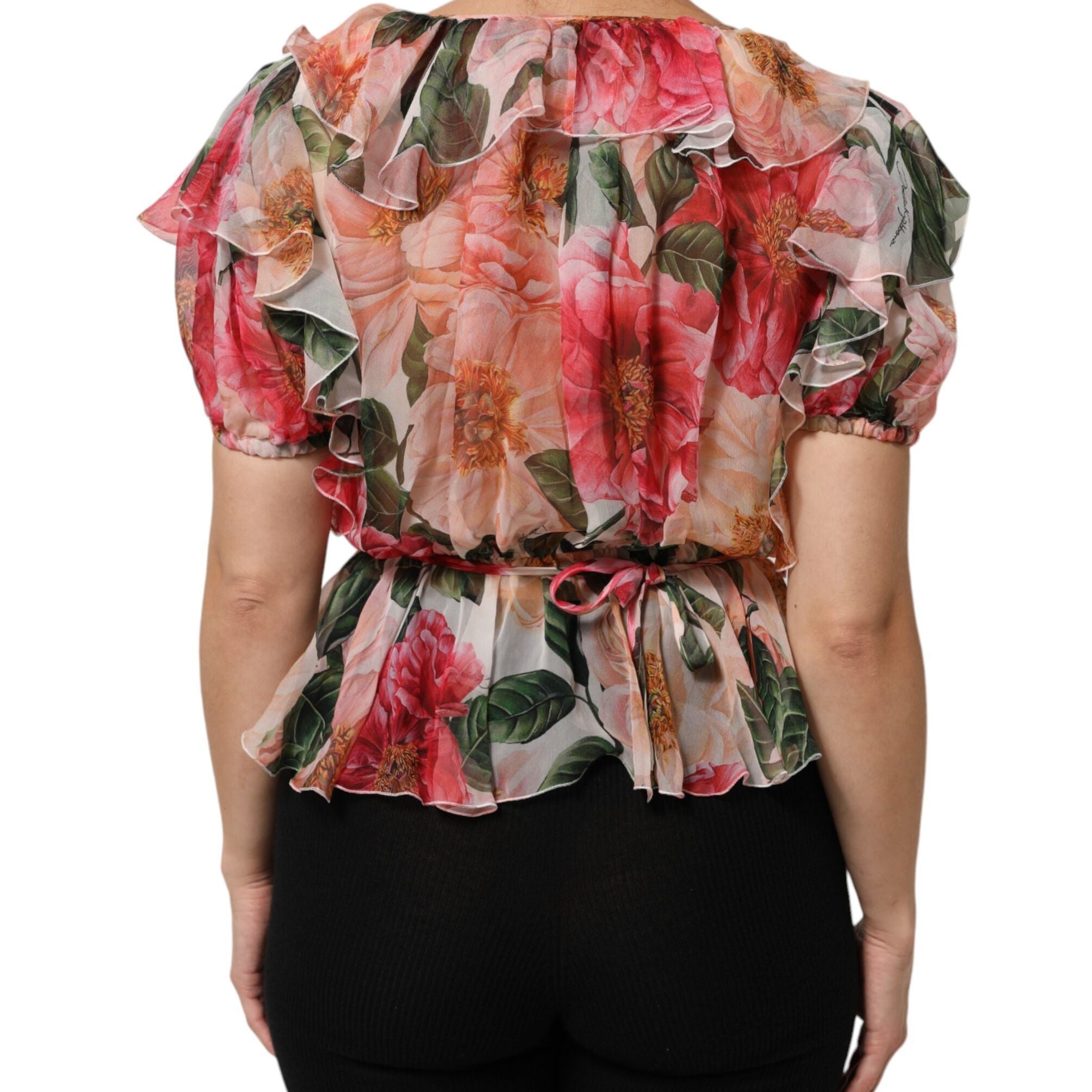 Dolce & Gabbana Pink Camellias Printed Silk V-neck Blouse Top