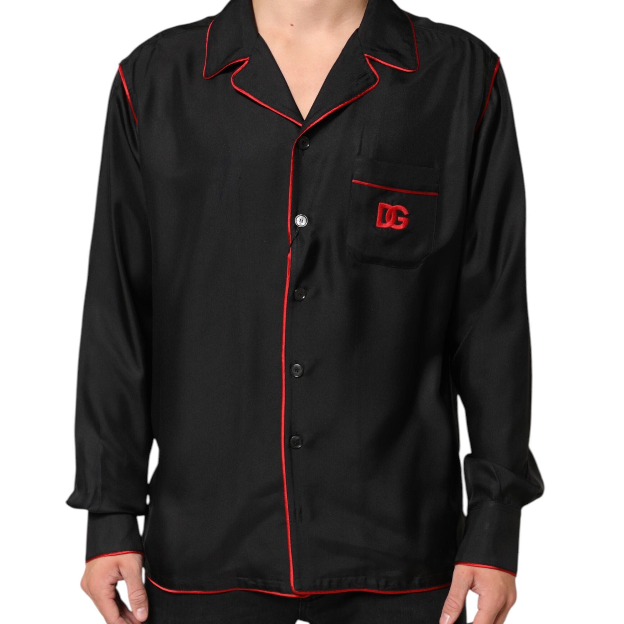 Dolce & Gabbana Black Red Contrast Trim Silk Casual Shirt