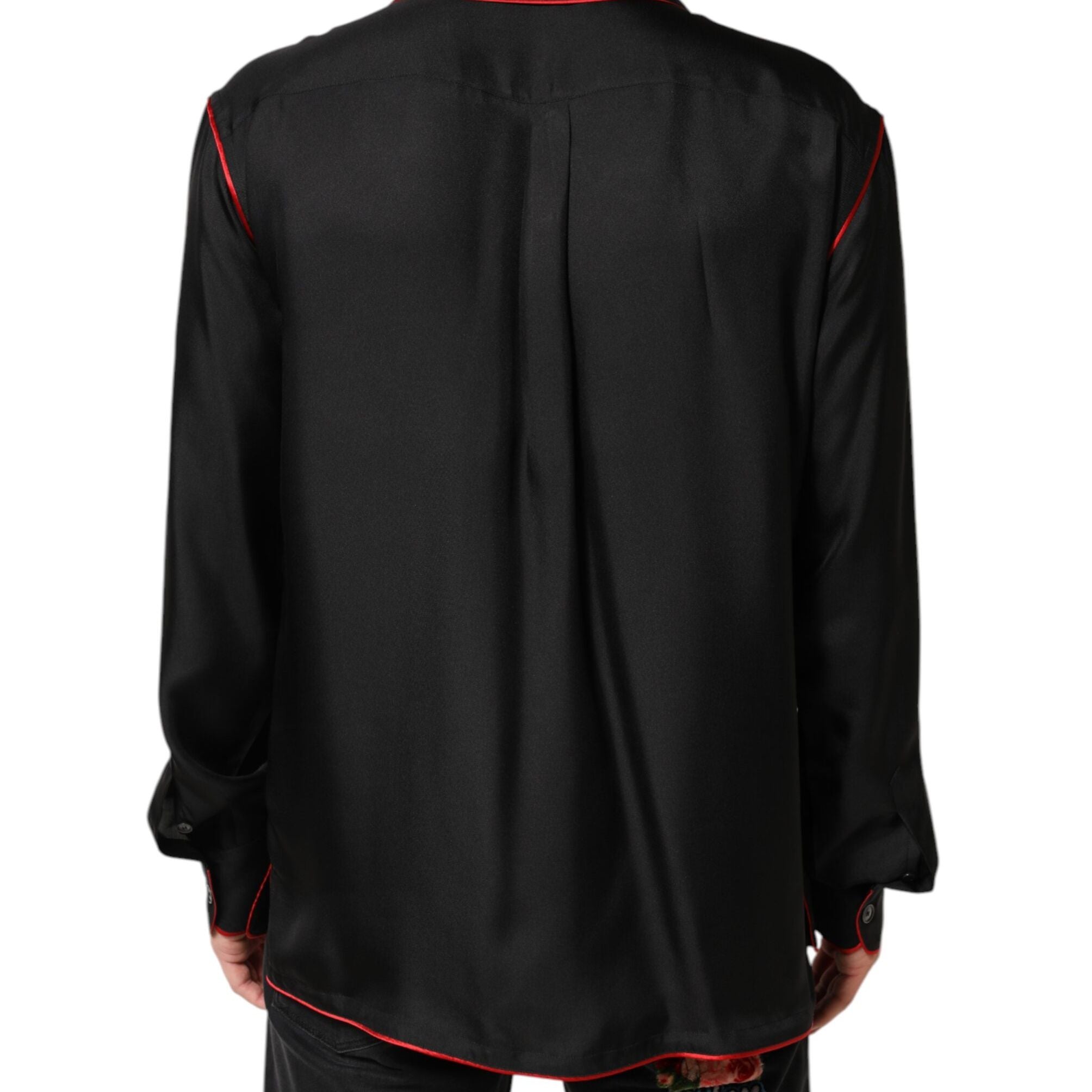 Dolce & Gabbana Black Red Contrast Trim Silk Casual Shirt