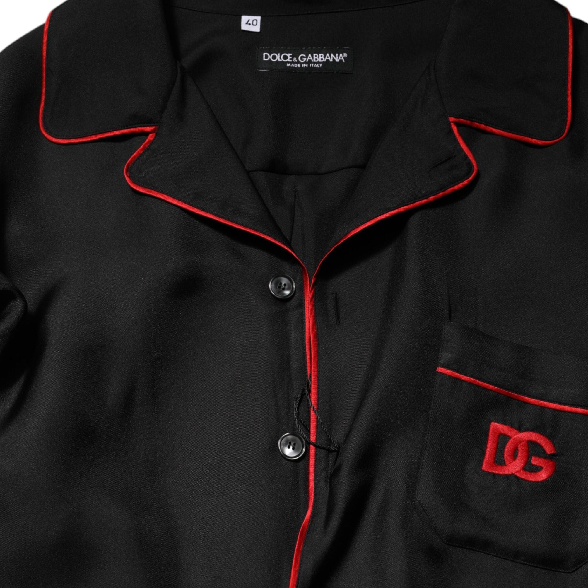 Dolce & Gabbana Black Red Contrast Trim Silk Casual Shirt