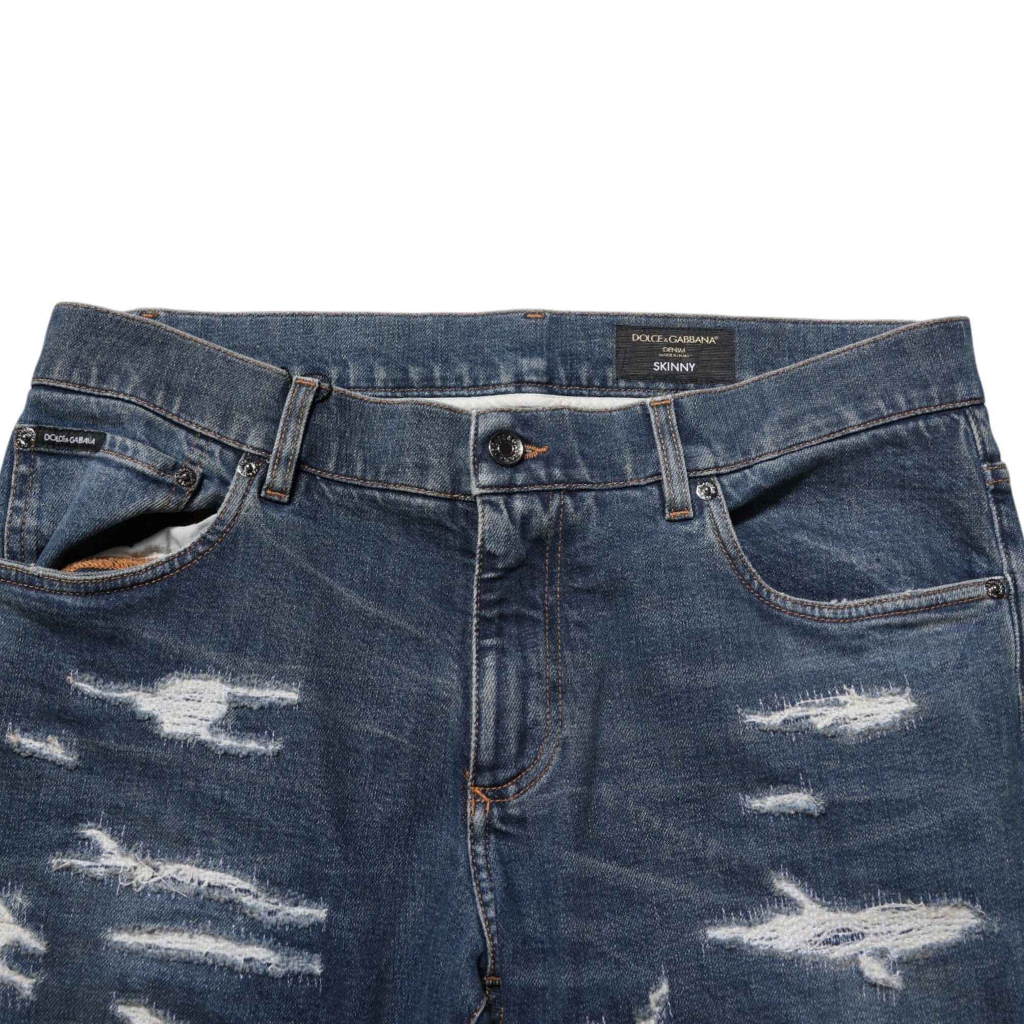 Dolce & Gabbana Blue Tattered Cotton Skinny Men Denim Jeans
