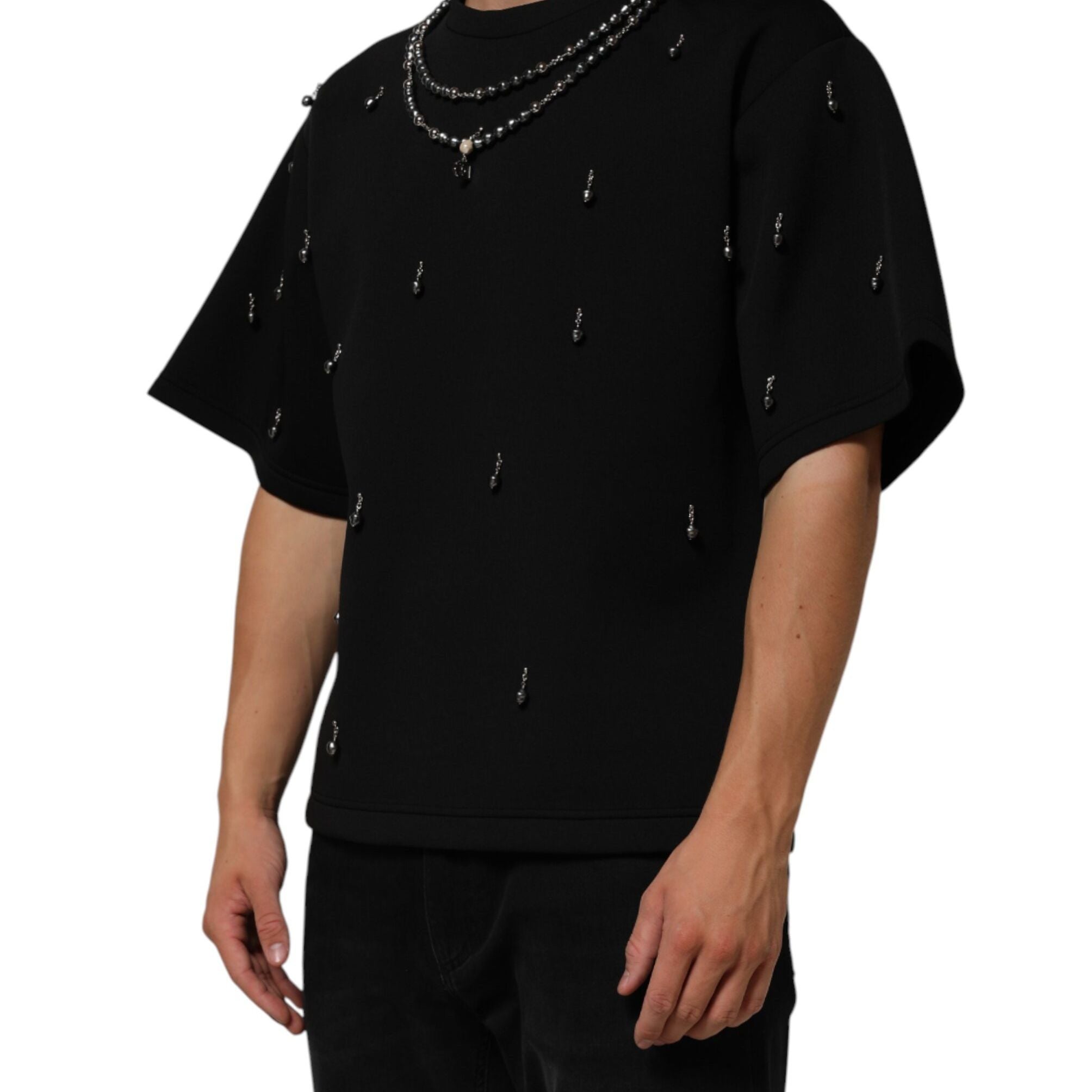 Dolce & Gabbana Black Polyester Necklace Embellished T-shirt