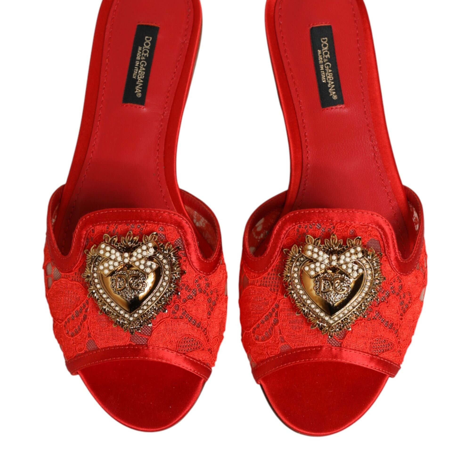 Dolce & Gabbana Red Devotion Lace Flats Slip On Sandals Shoes