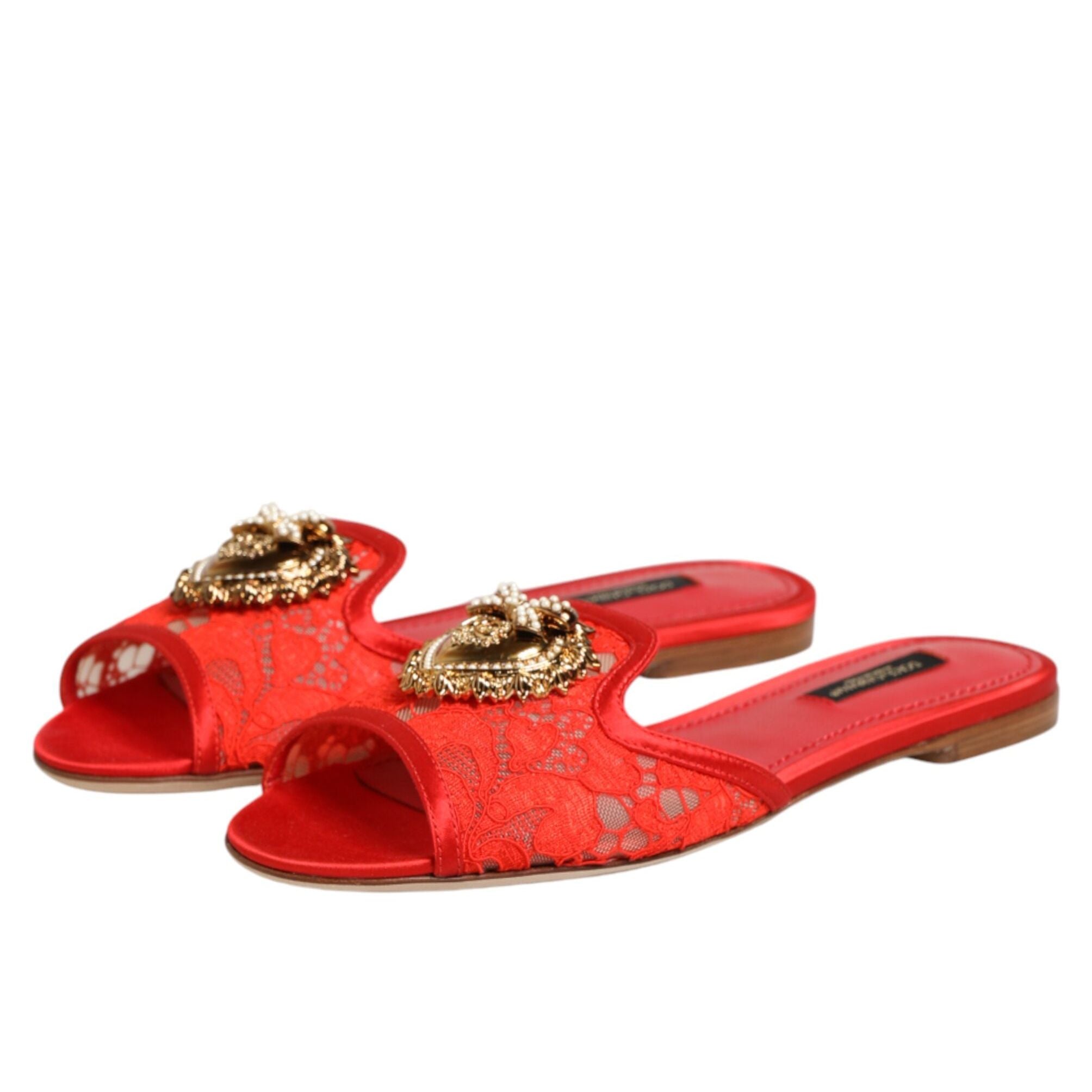 Dolce & Gabbana Red Devotion Lace Flats Slip On Sandals Shoes