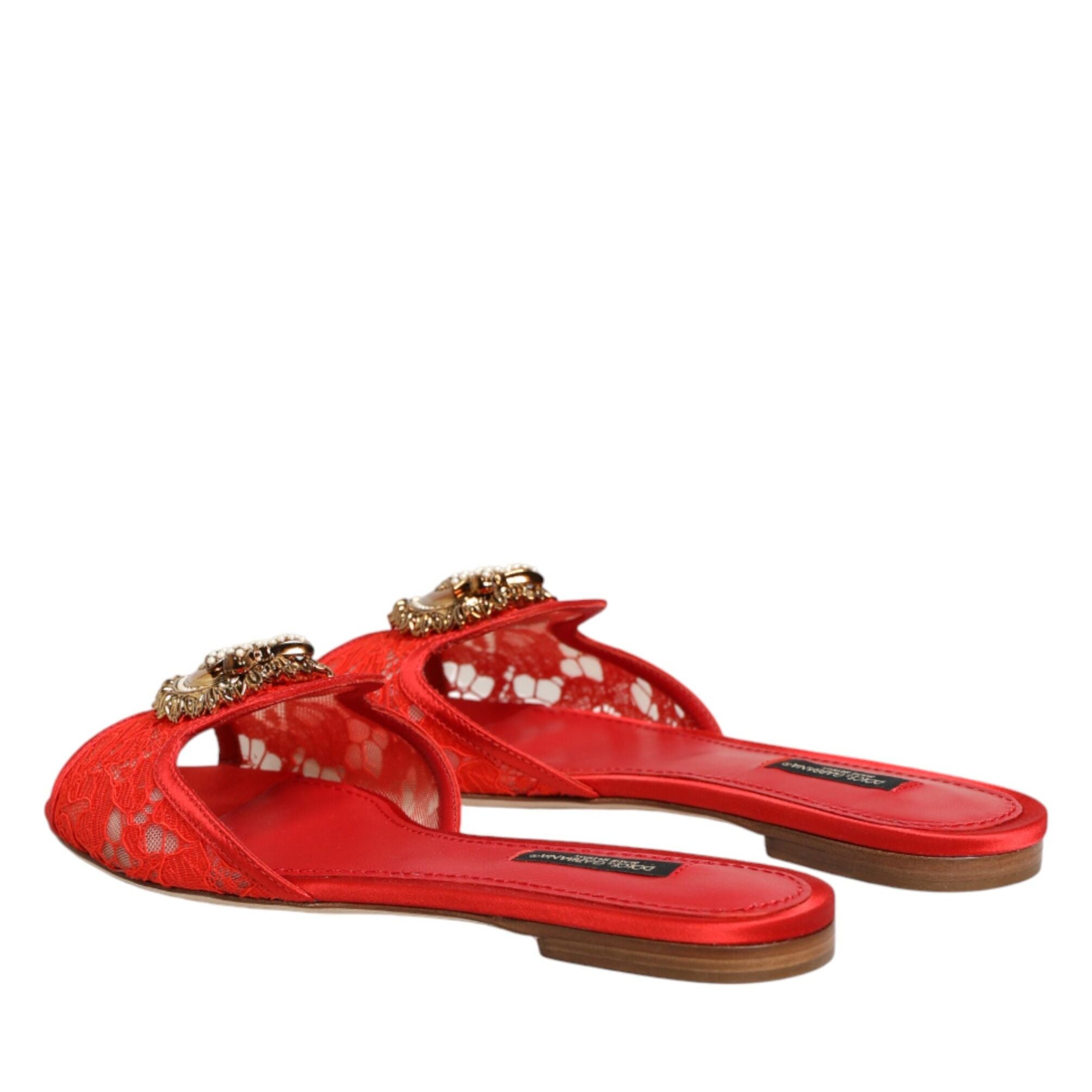 Dolce & Gabbana Red Devotion Lace Flats Slip On Sandals Shoes