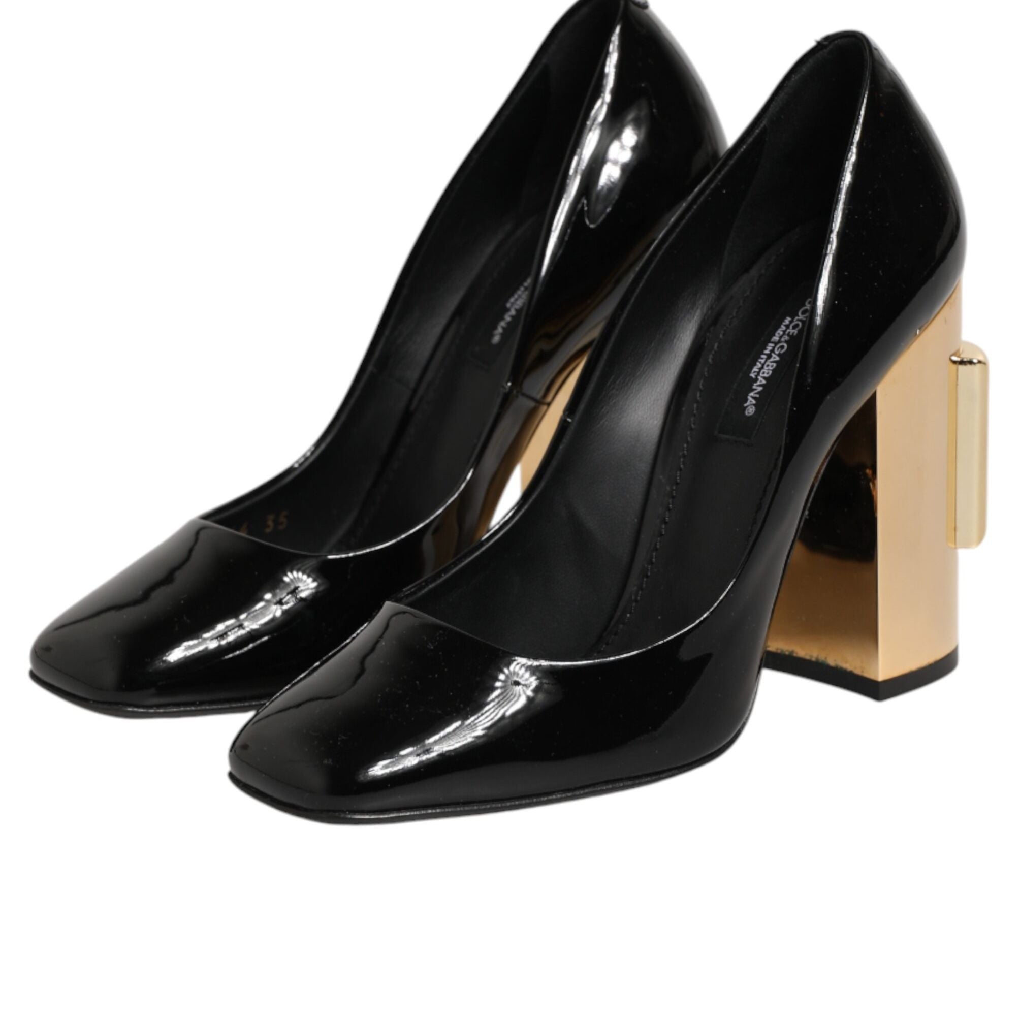 Dolce & Gabbana Black Gold Patent Leather Logo Heels Pumps Shoes