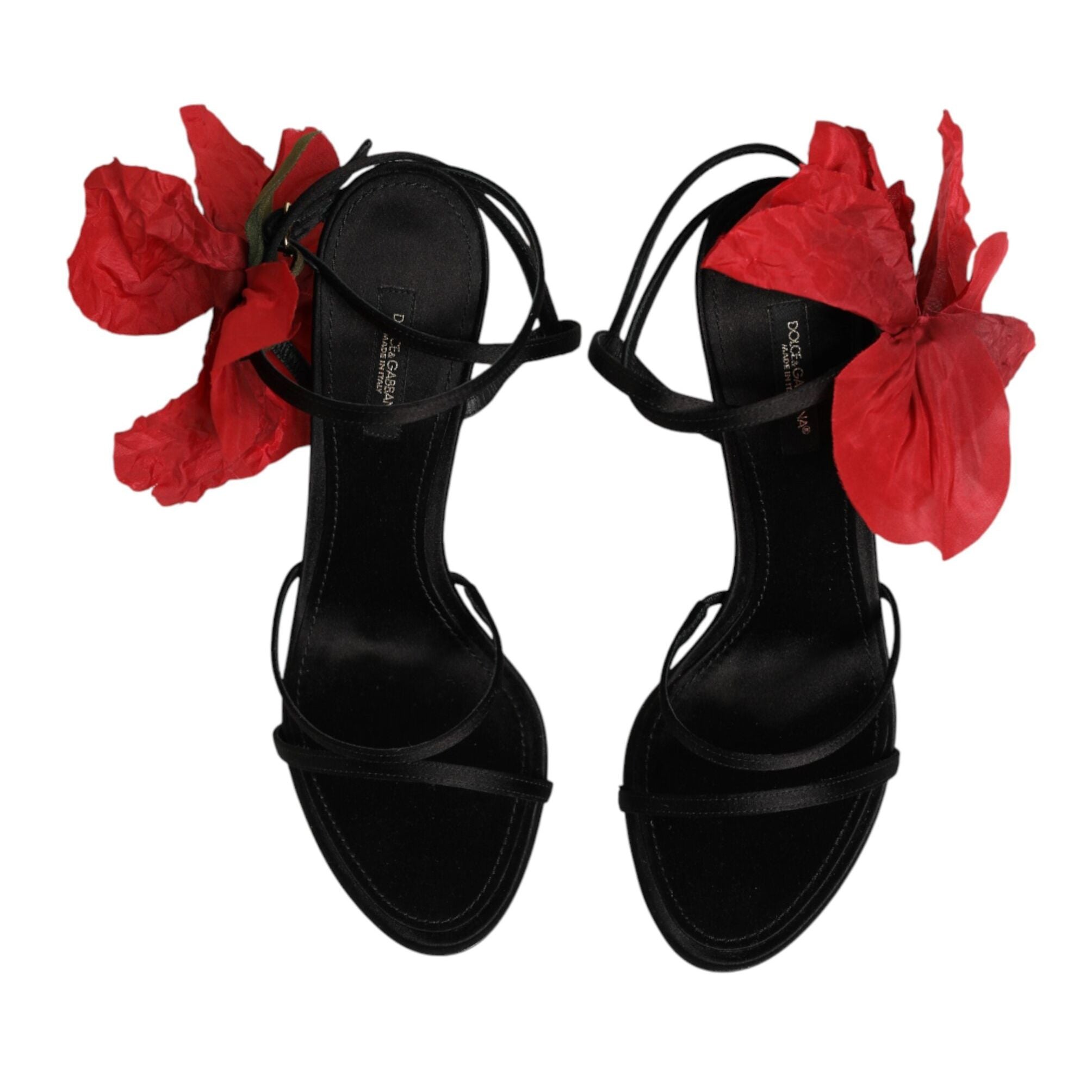 Dolce & Gabbana Black Leather Strappy Flower Heels Sandals  Shoes