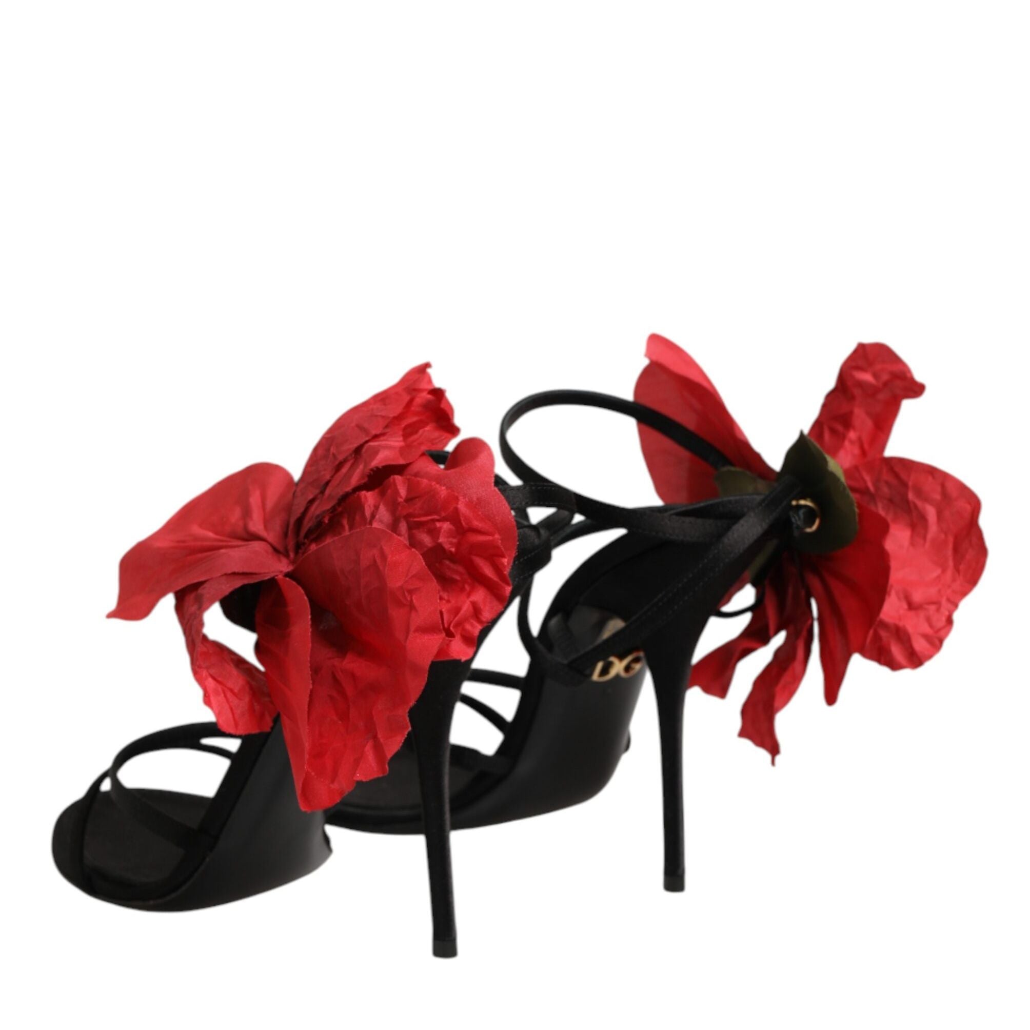 Dolce & Gabbana Black Leather Strappy Flower Heels Sandals  Shoes