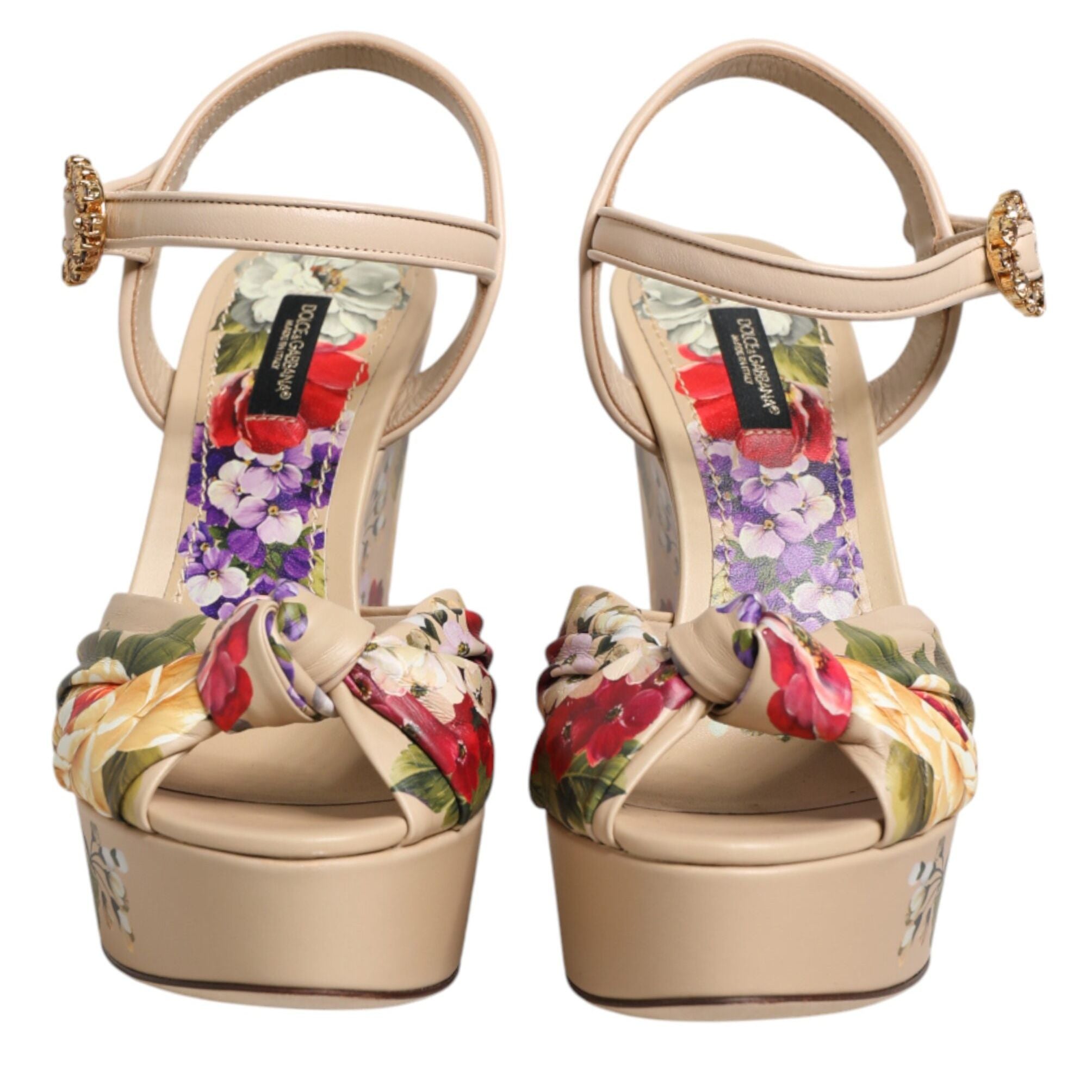 Dolce & Gabbana Beige Floral Ankle Strap Wedge Sandals Shoes