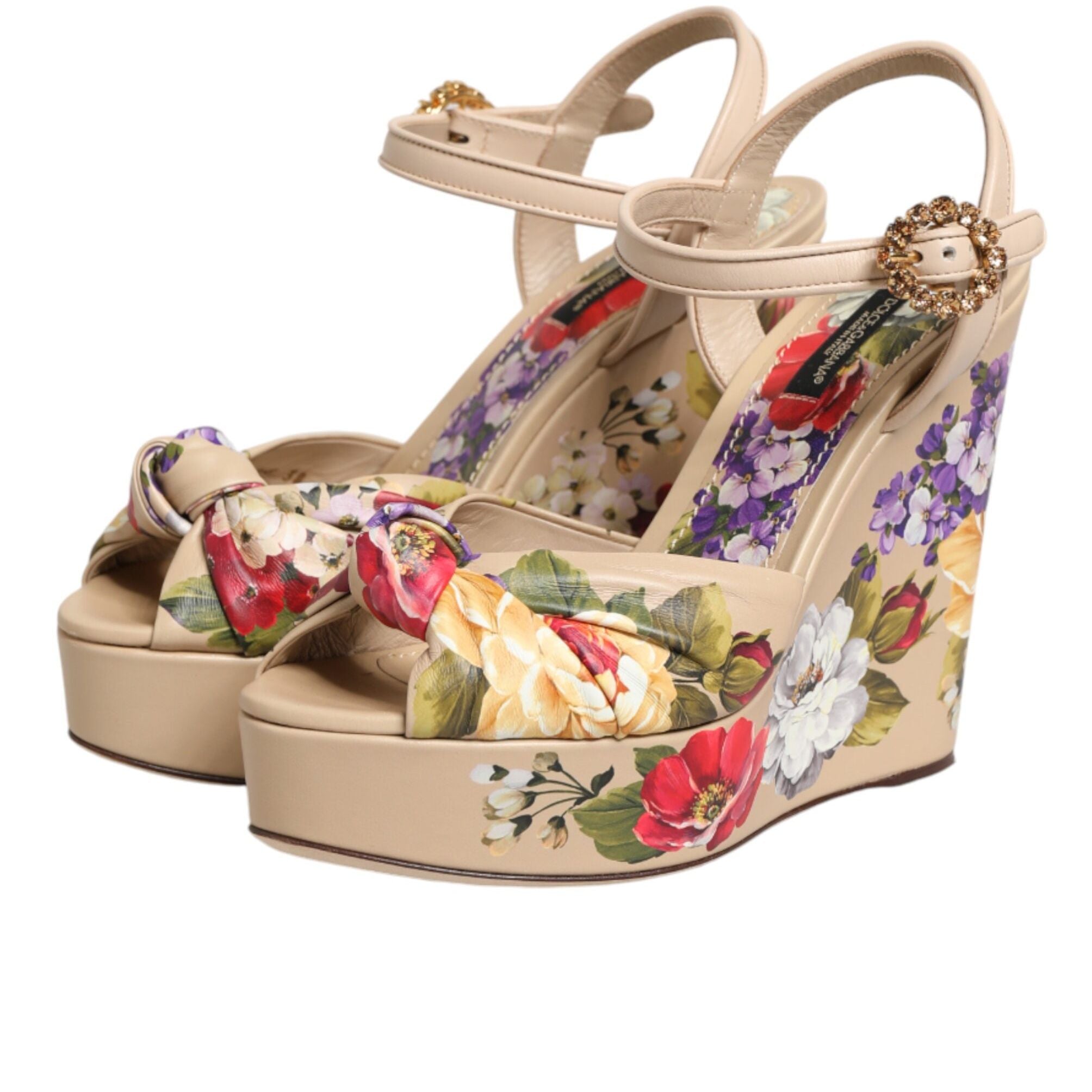 Dolce & Gabbana Beige Floral Ankle Strap Wedge Sandals Shoes